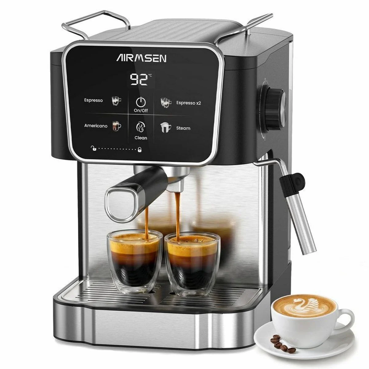Airmsen Espressomaschine, 20 Bar Druck, LCD-Touchscreen, 1,8L Wassertank