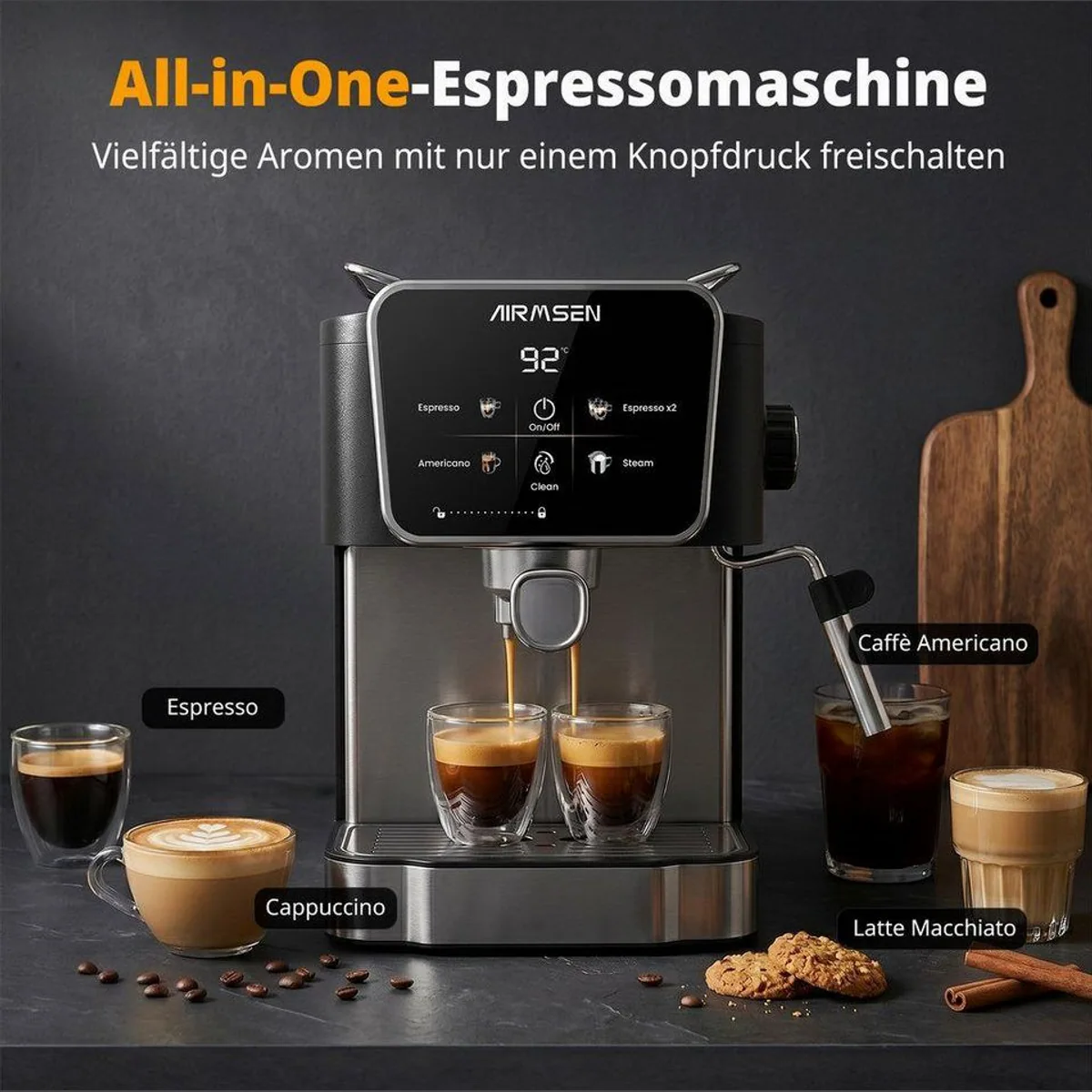 Airmsen Espressomaschine, 20 Bar Druck, LCD-Touchscreen, 1,8L Wassertank 2
