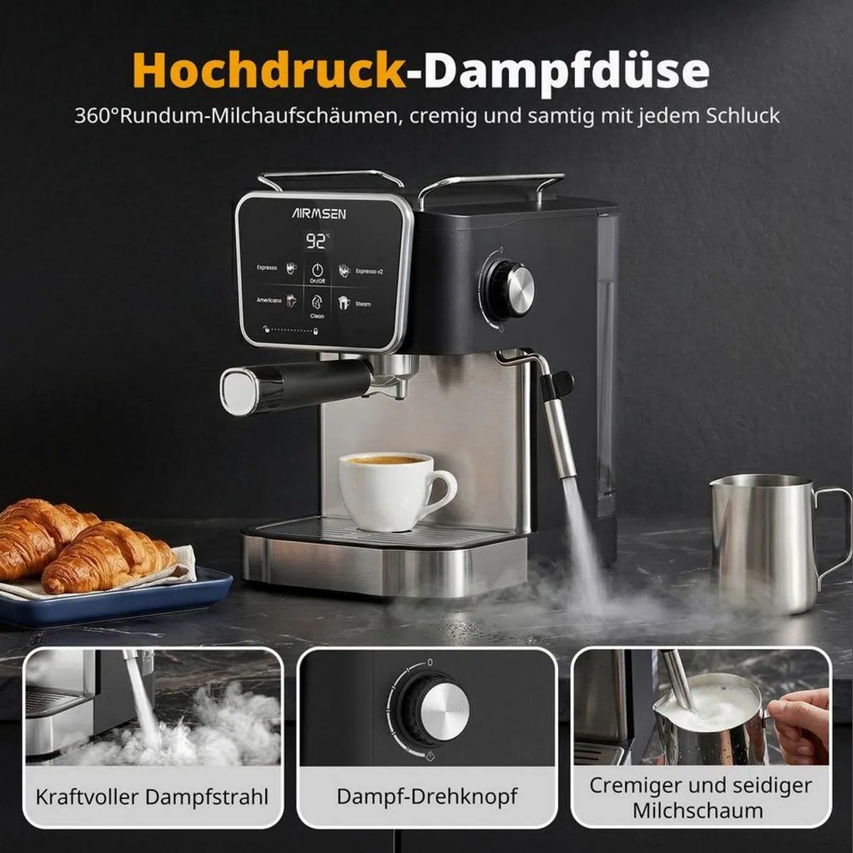 Airmsen Espressomaschine, 20 Bar Druck, LCD-Touchscreen, 1,8L Wassertank 5