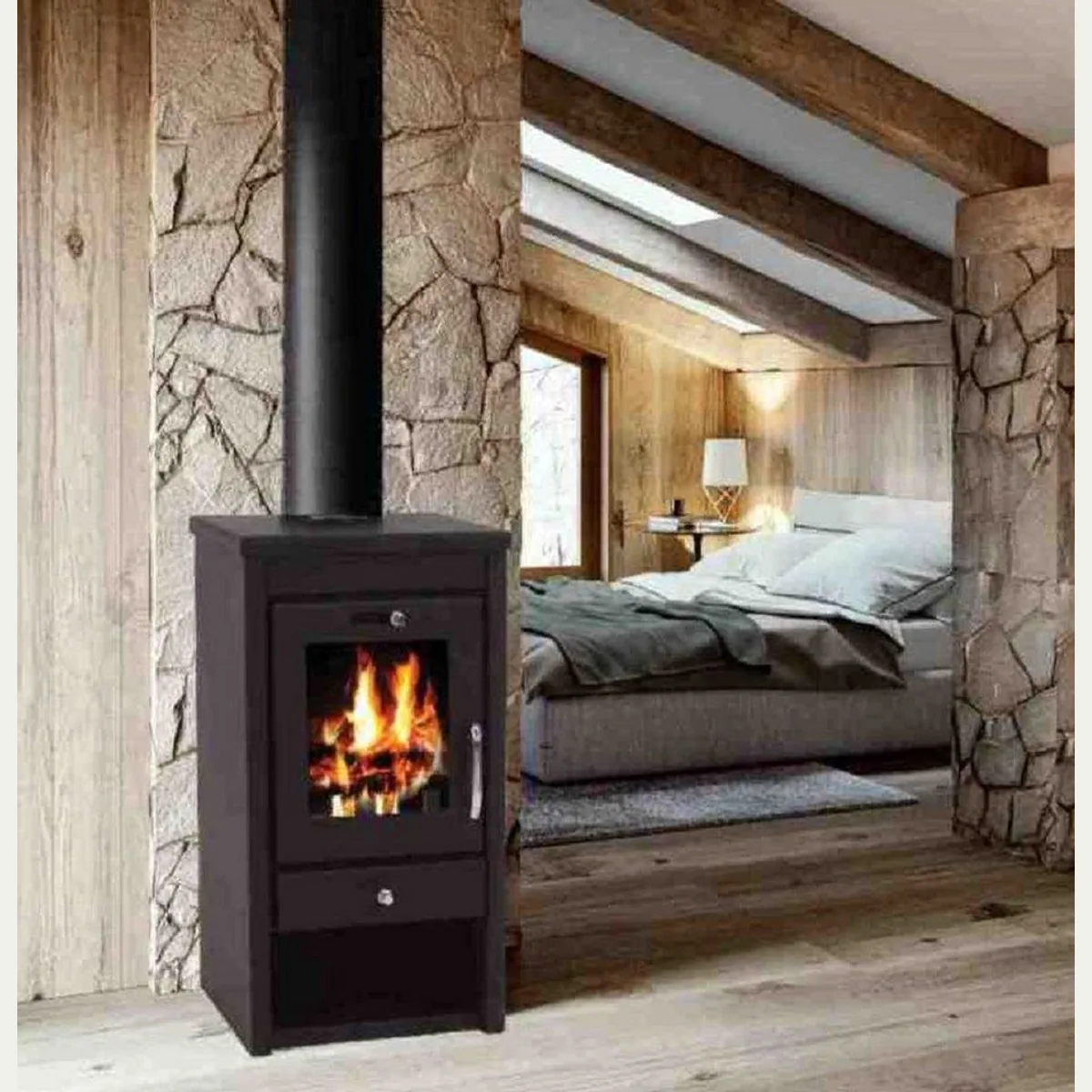 Apex Kaminofen 7,5 kW, hohe Effizienz, großes Sichtfenster, Holzfach