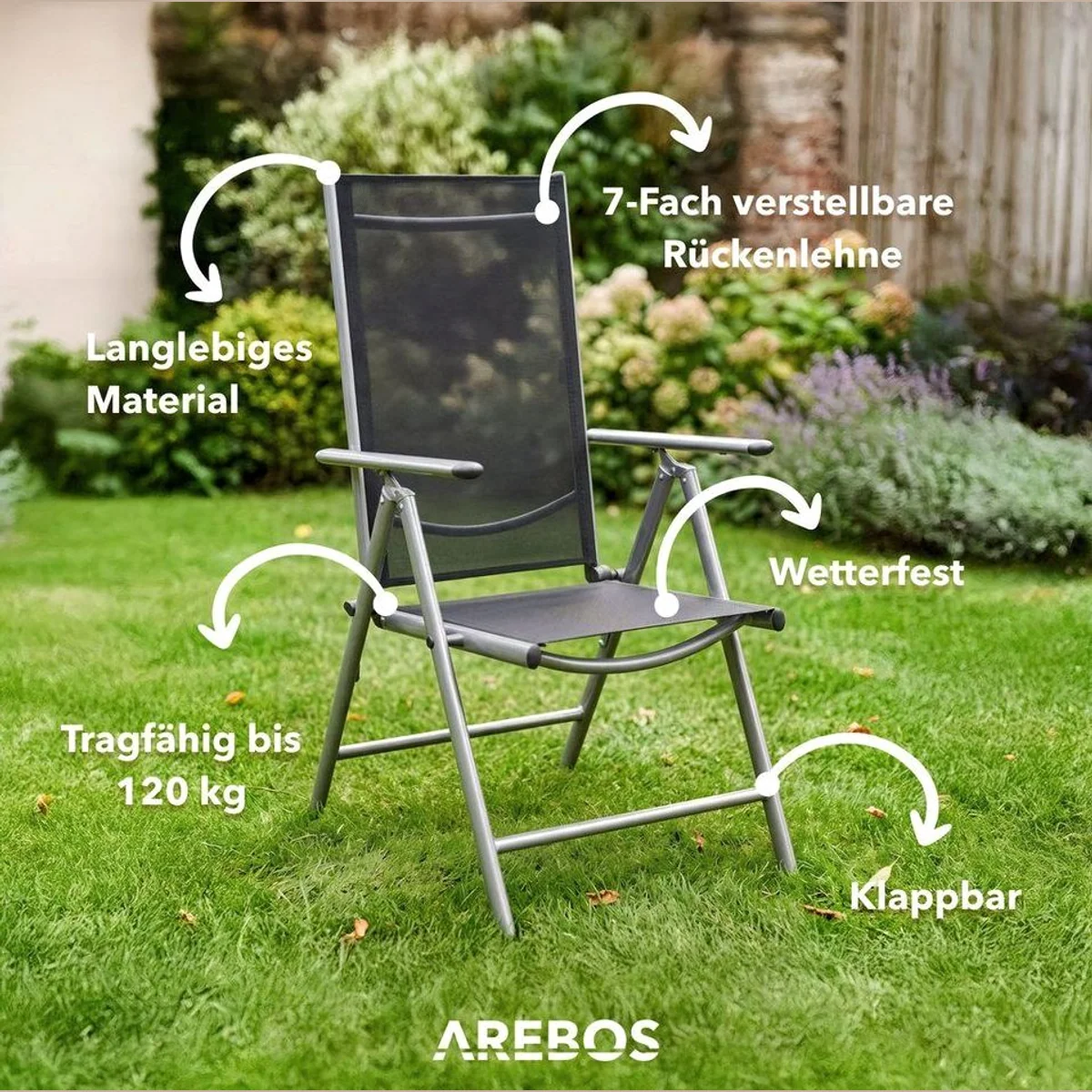 Arebos Klappstuhl Gartenstuhl 4er Set, 7-fach verstellbar, wetterfest, bis 120 kg 3