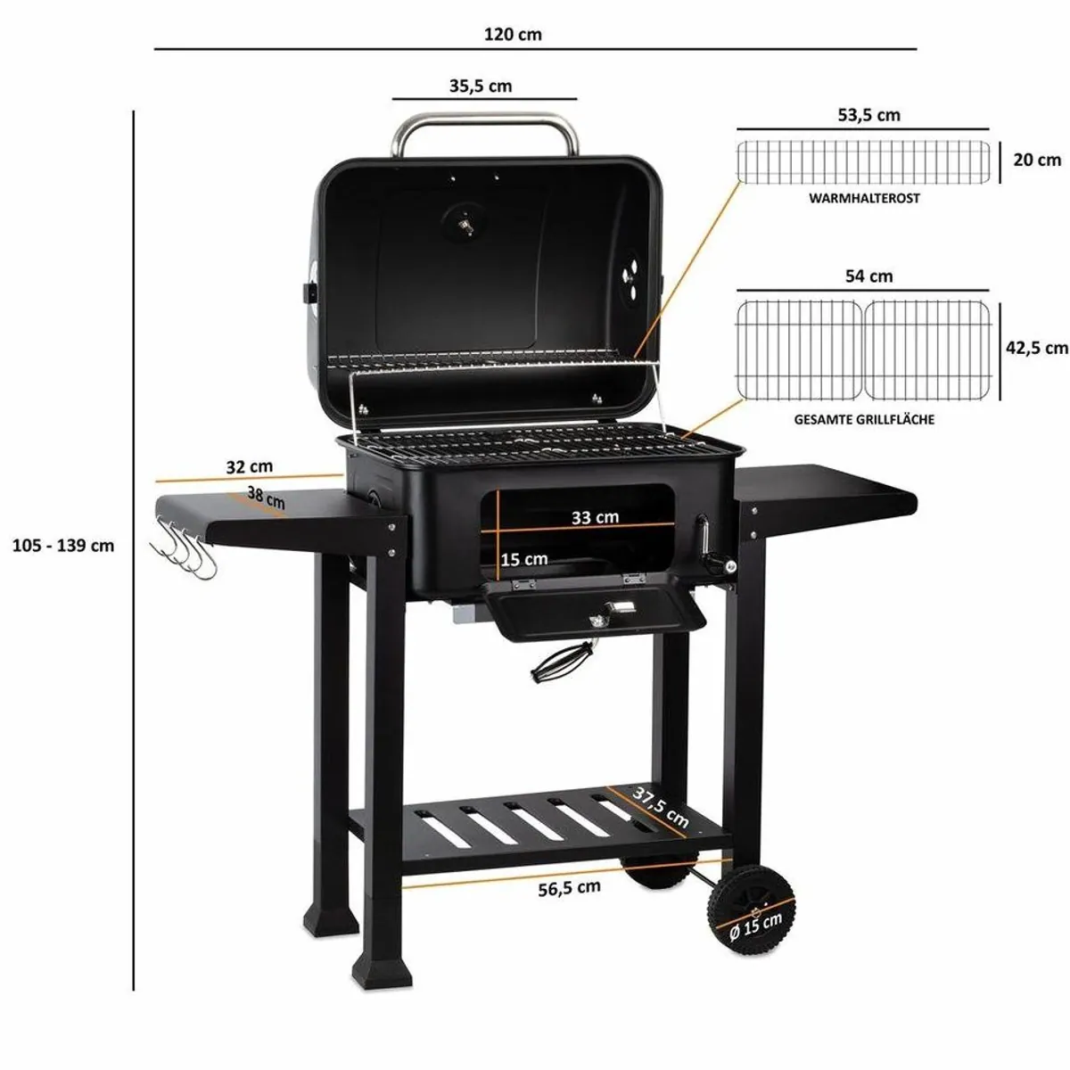 BBQ-Toro Holzkohlegrill, höhenverstellbare Kohleschale, integriertes Thermometer 3