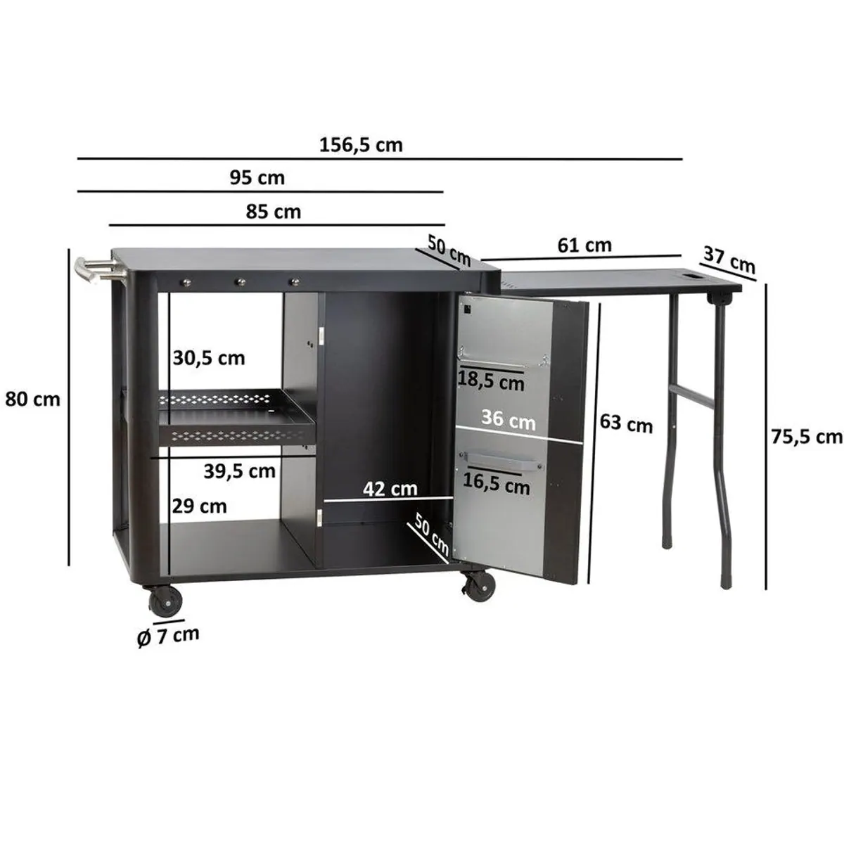 BBQ-Toro Grillablagetisch, große Arbeitsfläche und Stauraum — 95 x 50 x 80 cm, Schwarz 4