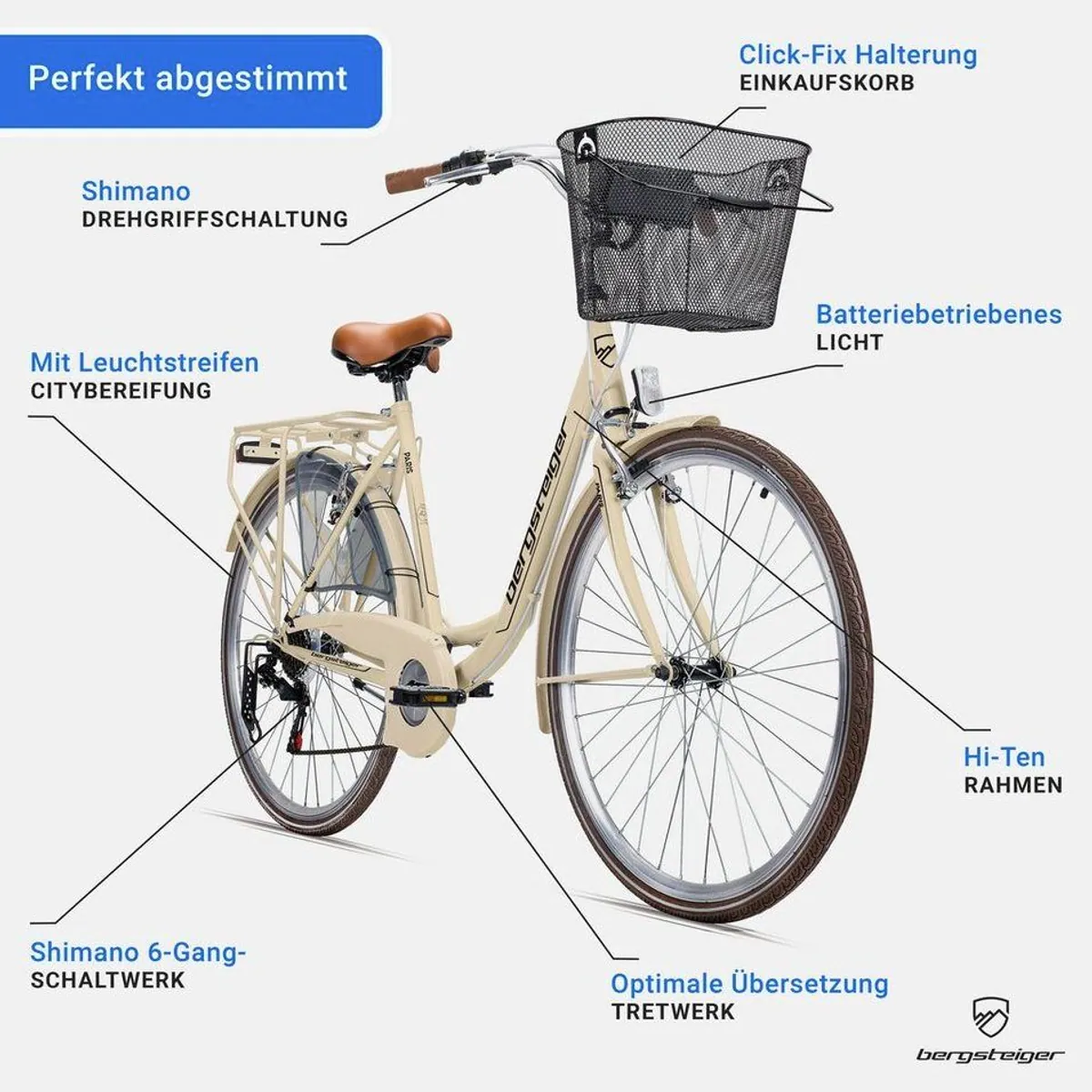 bergsteiger Paris Cityrad, 26 Zoll, 6-Gang Shimano, Licht & Korb 5