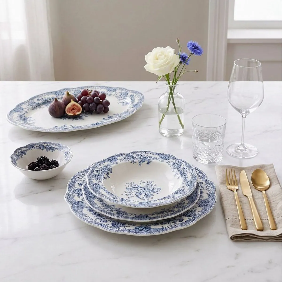 Bricard Vintage Flora Geschirr-Set, 25-teilig für 6 Personen, edles braunes Dekor