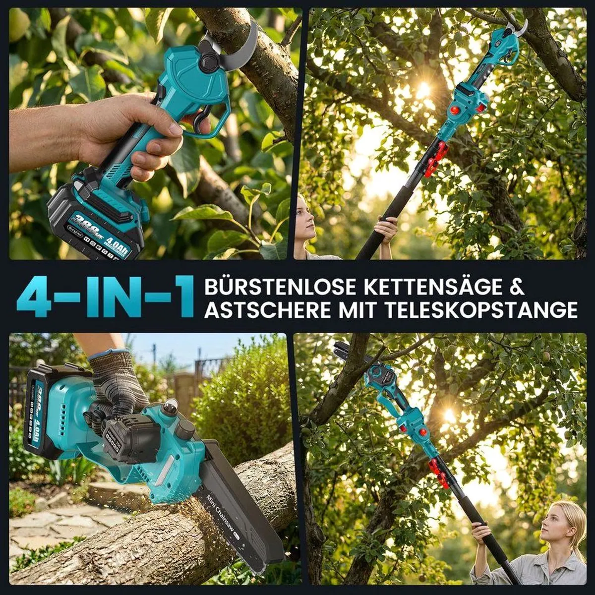 Bundviel Akku-Hochentaster 4-in-1, bürstenlos, bis 23,5 m Höhe, 2x 4000mAh Akku 2