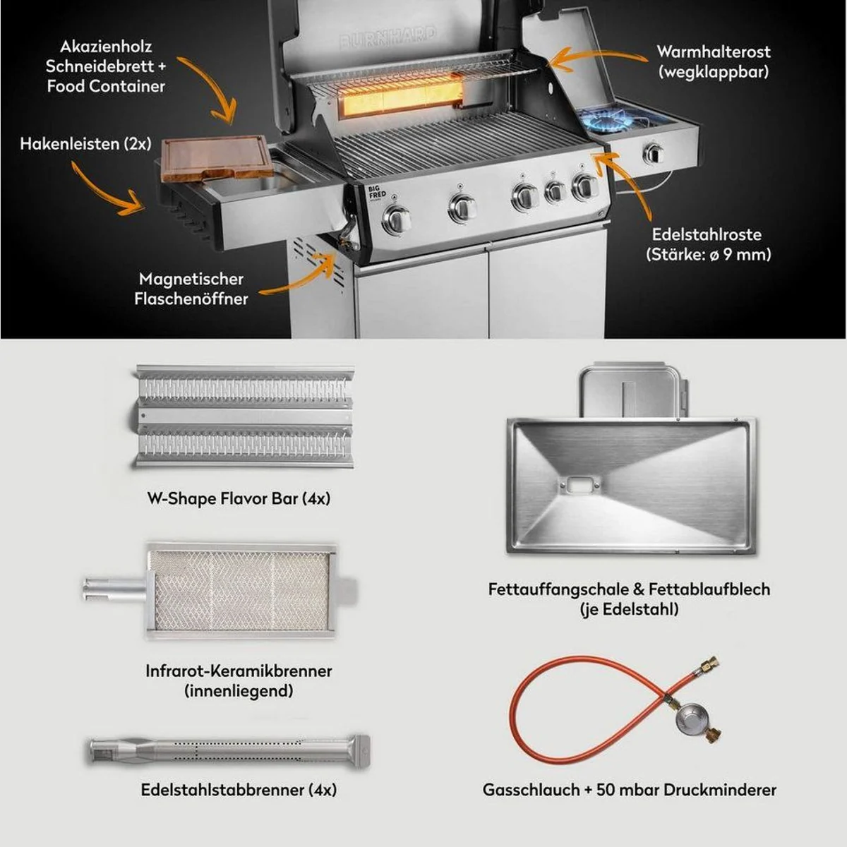 BURNHARD Big FRED Deluxe Gasgrill, 21,2 kW, 4-Brenner, Infrarot, Edelstahl 4