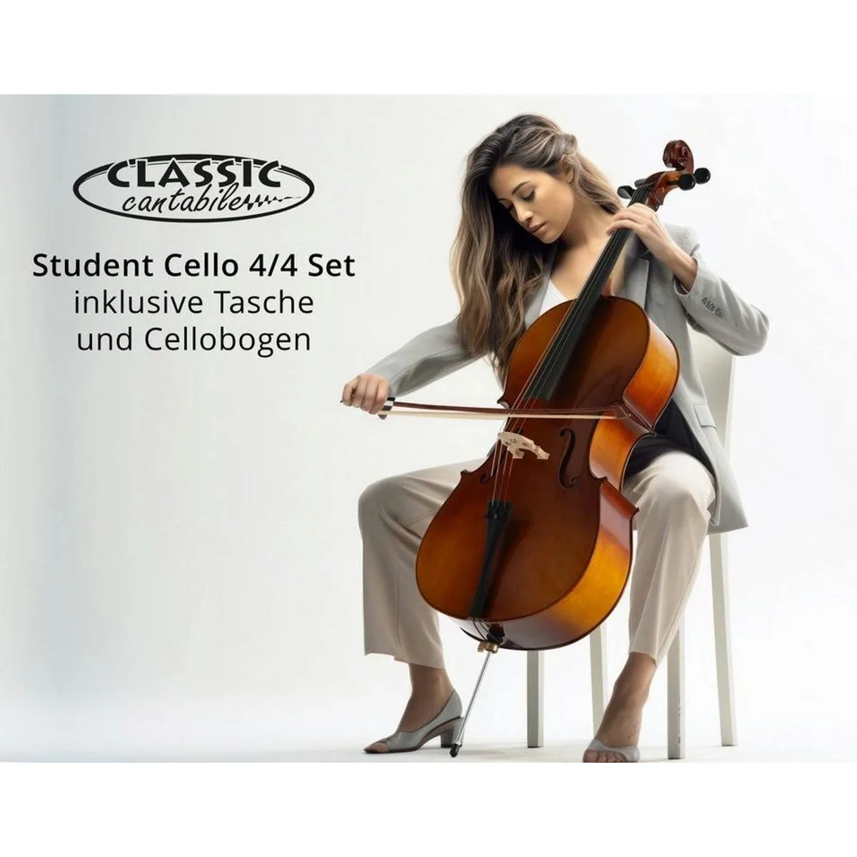 Classic Cantabile Cello 4/4 Set, handgefertigt, inkl. Bogen und Tasche 2