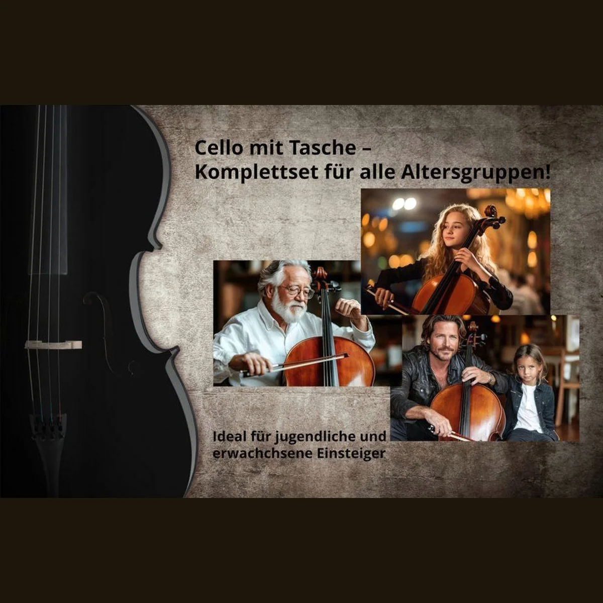 Classic Cantabile CP-100 Cello 4/4 Set, klassisches Design, Ahorn-Korpus, inkl. Bogen und Tasche 4