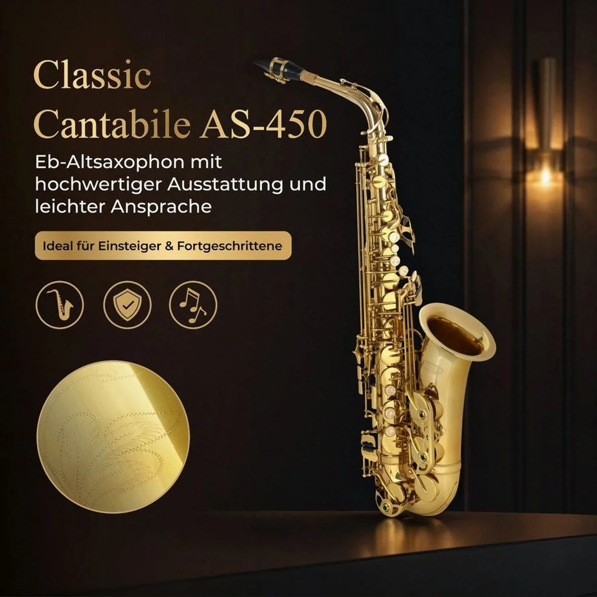 Classic Cantabile Alt Saxophon AS-450, leicht spielbar, klarer Klang, mit Koffer und Zubehör 2