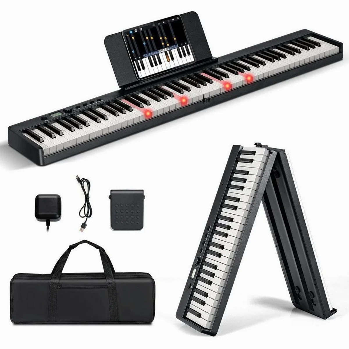 COSTWAY Home-Keyboard, 88 beleuchtete Tasten, 2 Lehrmodi