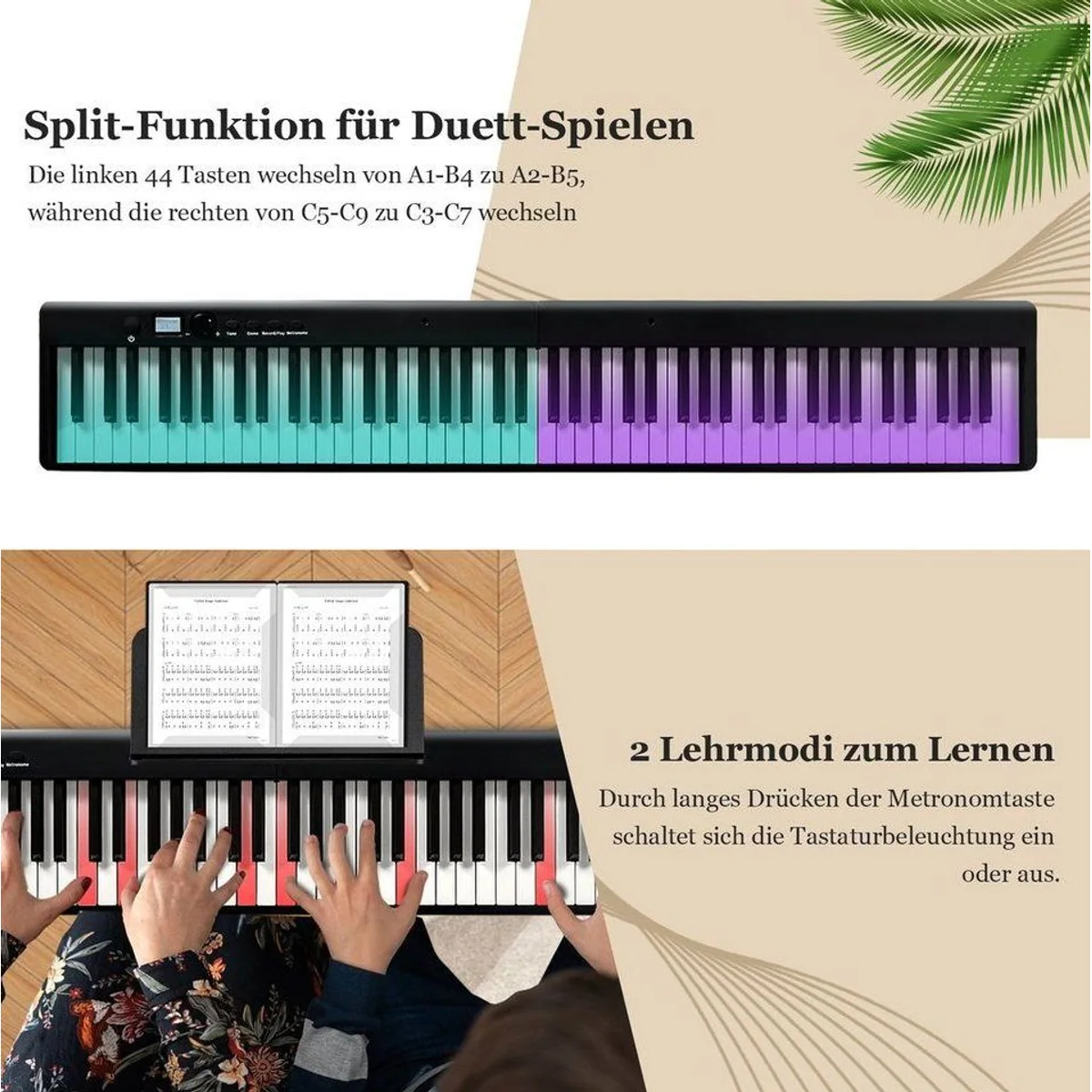 COSTWAY Home-Keyboard, 88 beleuchtete Tasten, 2 Lehrmodi 5