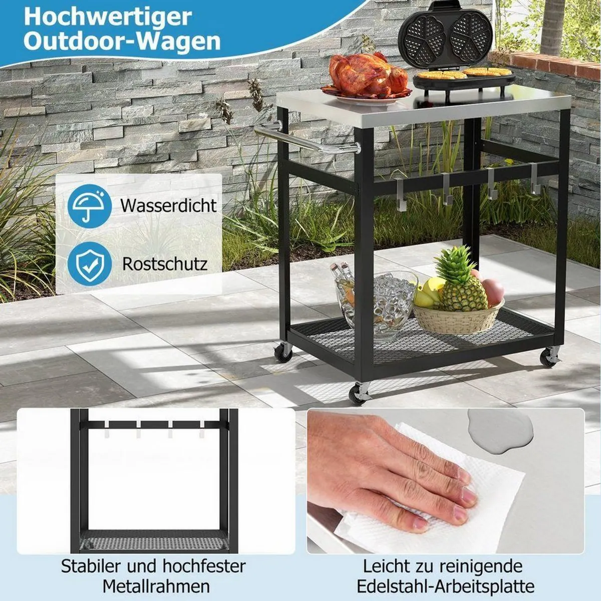 COSTWAY Grillwagen, 2-stufig mit Rädern und Haken — praktisch, mobil, langlebig 4
