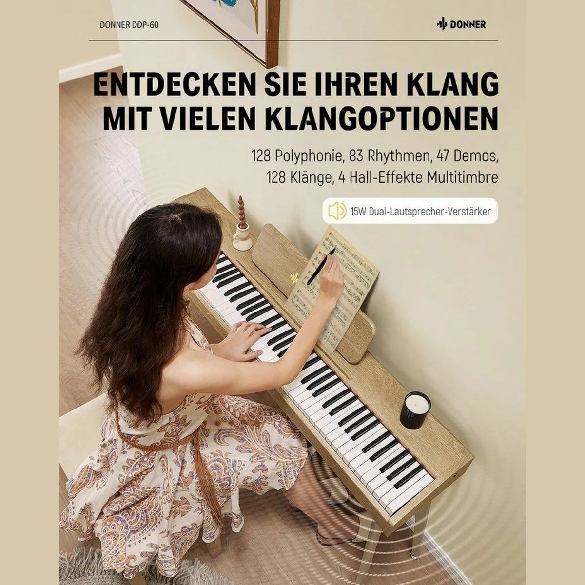 Donner DDP-60 Digitalpiano, 128 Stimmen, 83 Rhythmen, 88 halbgewichtete Tasten 3
