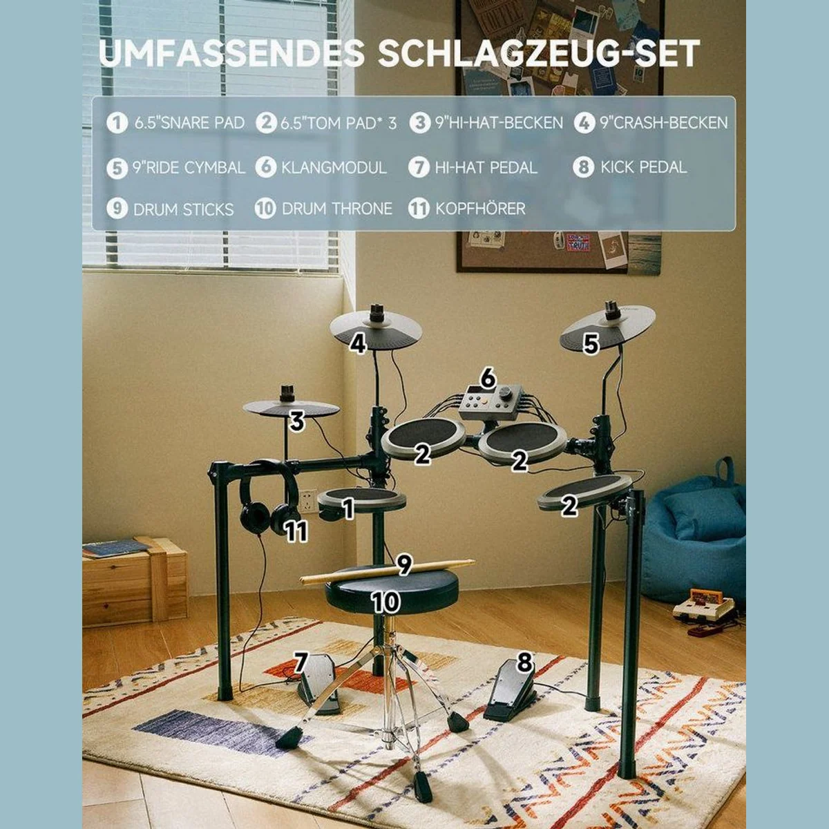 Donner DED-200 E-Drum Set, 450 Sounds, Mesh Heads, komplettes Zubehör 3