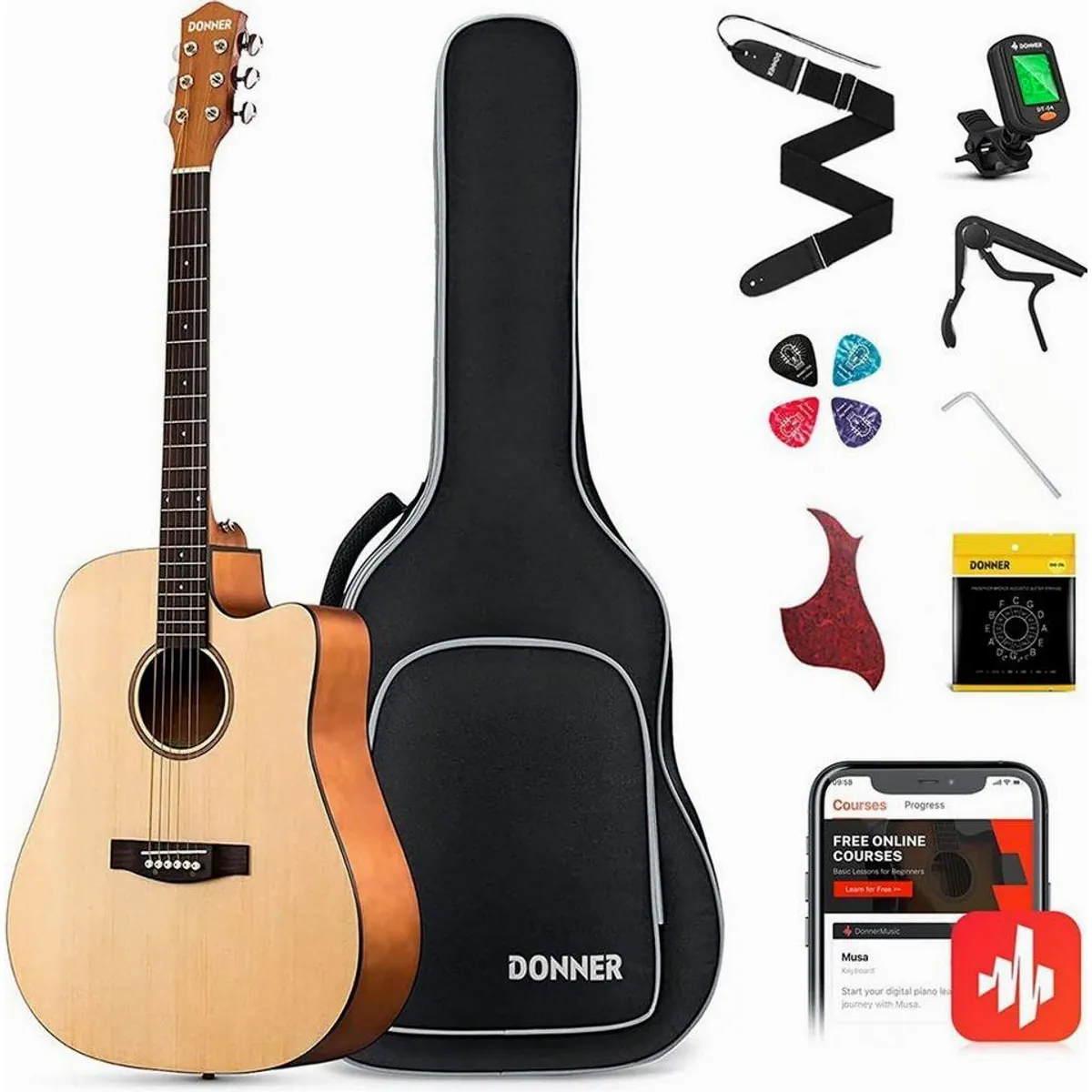 Donner Akustikgitarre 41 Zoll, voll ausgestattetes Anfängerset — inklusive Gigbag, Gurt, Stimmgerät