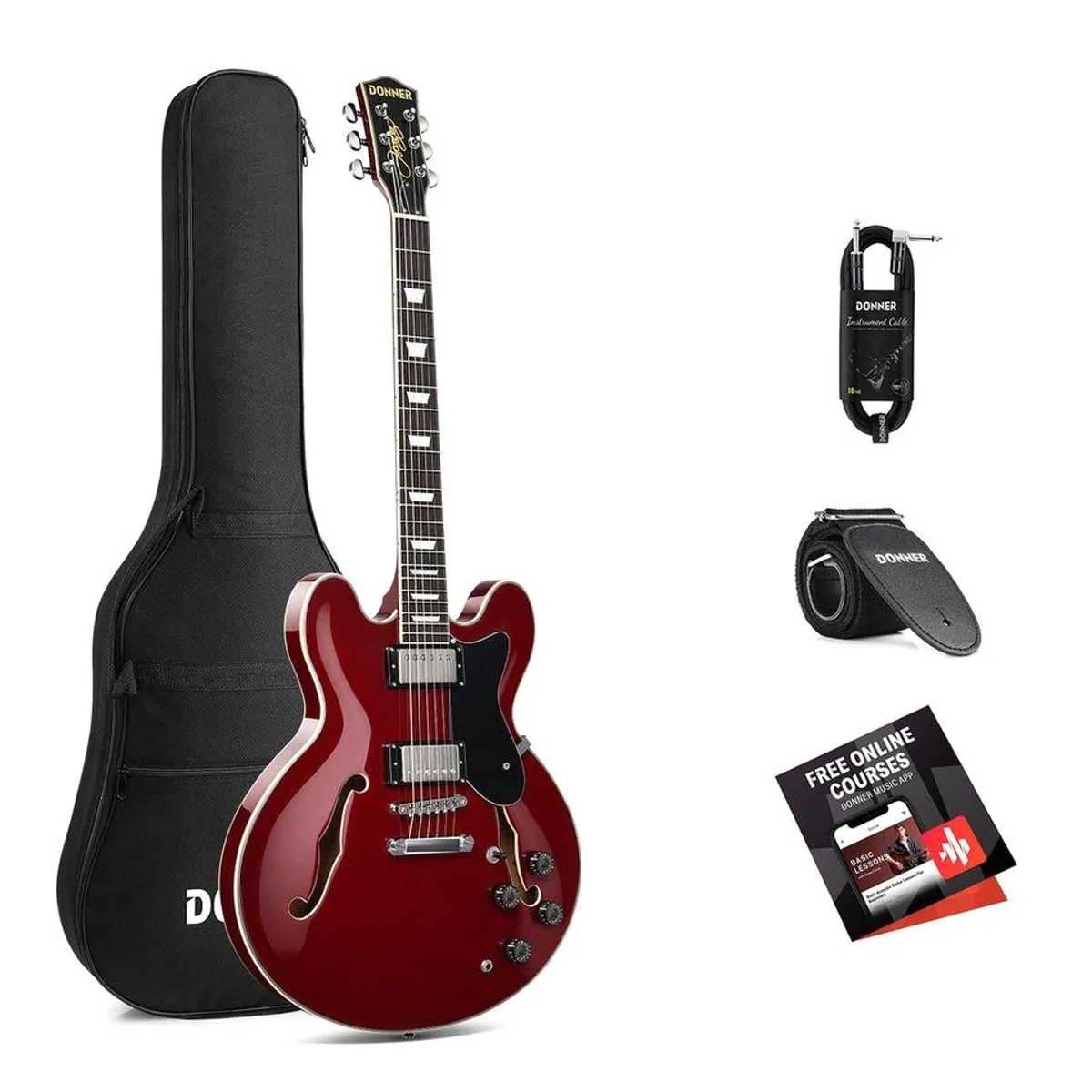 Donner DJP-1000 Semi-Hollow E-Gitarre, 70er-Jahre Sound, Coil-Split-Funktion
