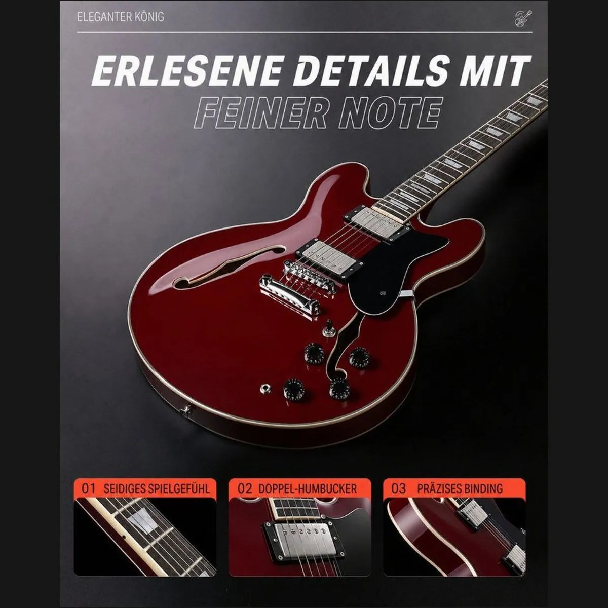 Donner DJP-1000 Semi-Hollow E-Gitarre, 70er-Jahre Sound, Coil-Split-Funktion 2