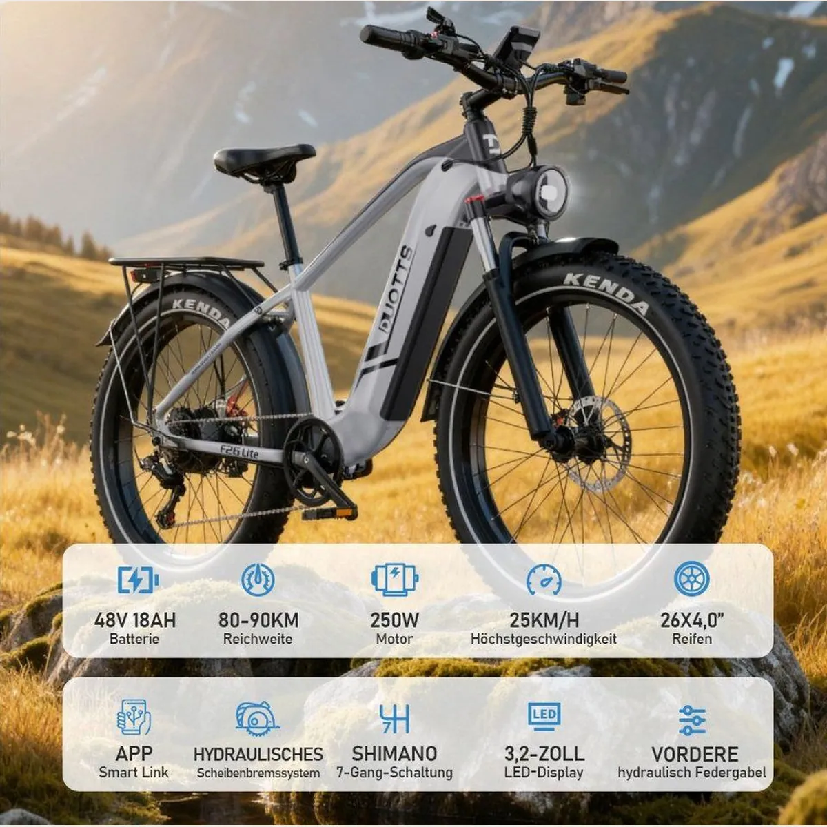 DUOTTS F26lite E-Bike, 100 km Reichweite, 250 W Motor, Shimano 7-Gang 4