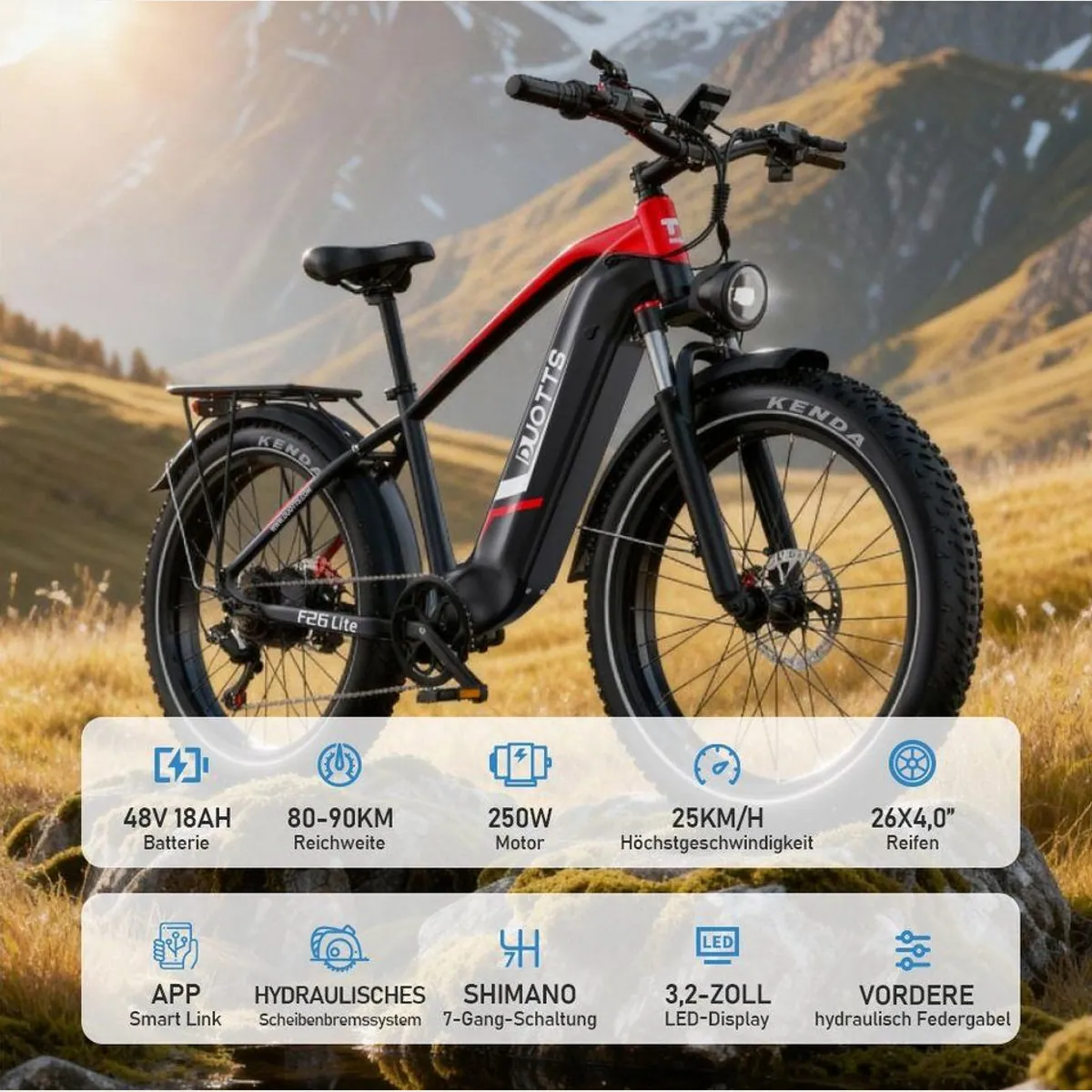 DUOTTS E-Bike F26lite Pedelec, 100 km Reichweite, 250 W Motor, Hydraulik-Bremsen 4