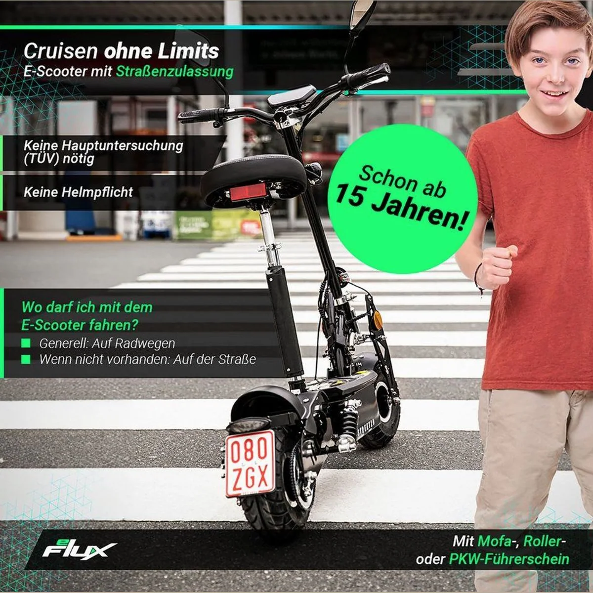 eFlux Street 20 Pro E-Scooter, klappbar, Straßenzulassung, komfortabler Sitz 5