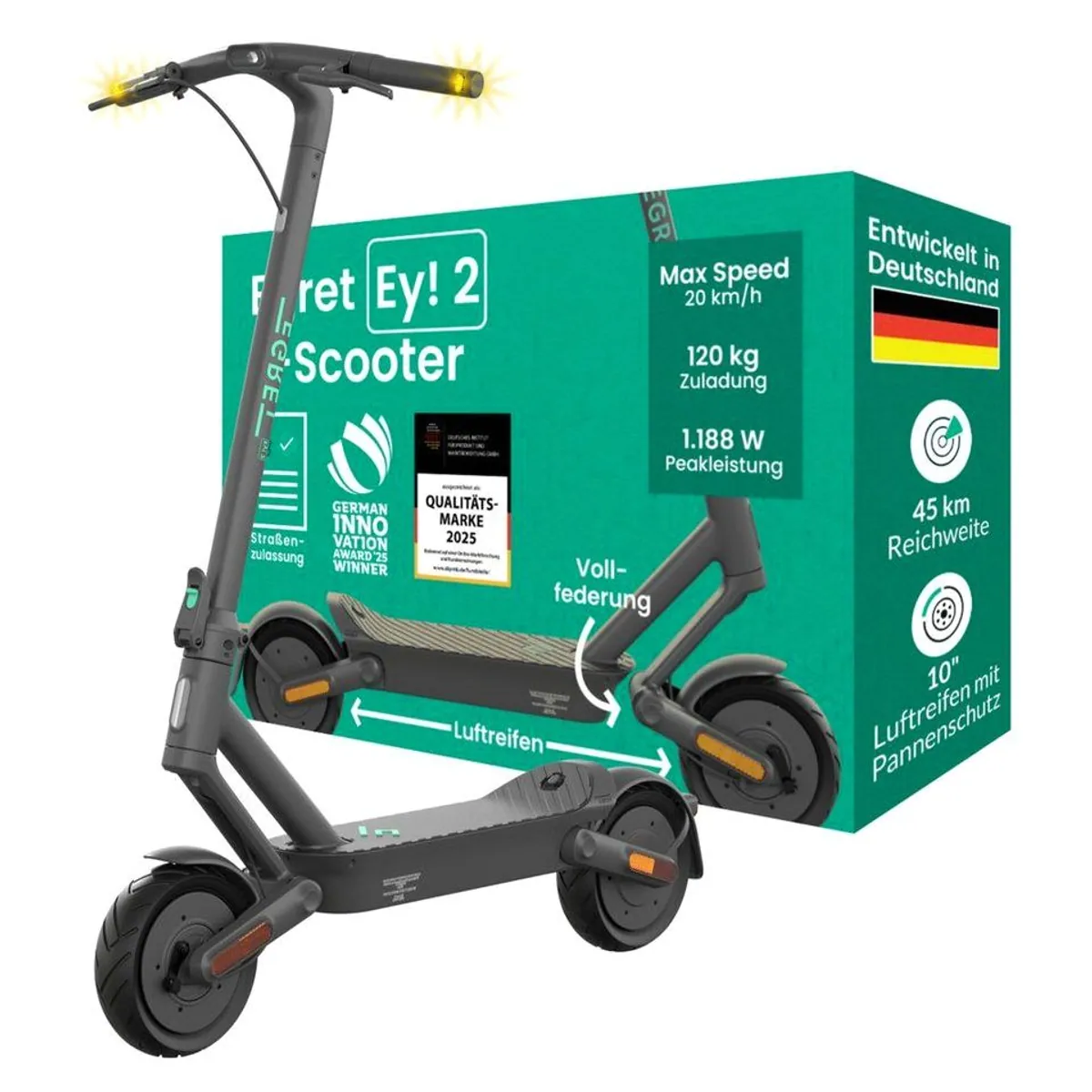 Egret Ey! E-Scooter, 20 km/h, 30-65 km Reichweite, faltbar