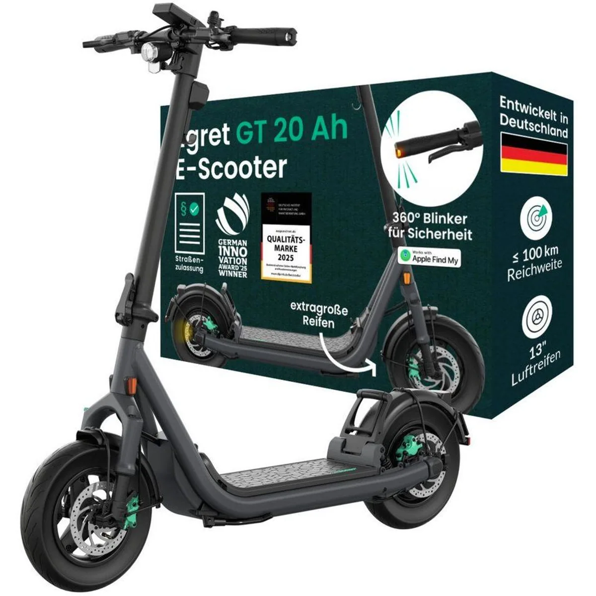 Egret GT E-Scooter, 13", Vollfederung, 100 km Reichweite