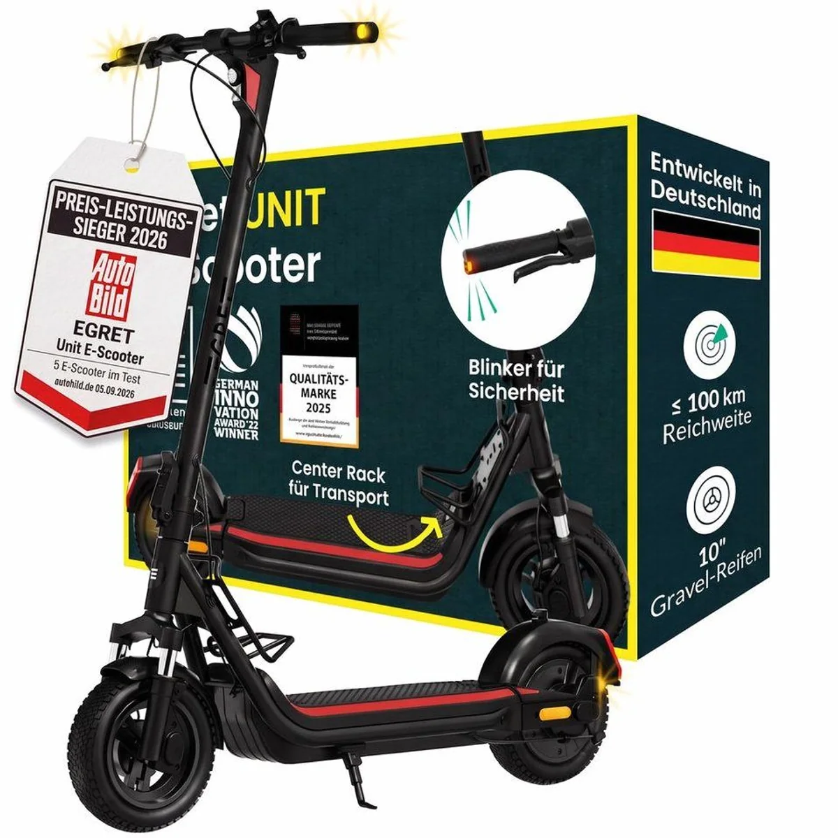 Egret E-Scooter Unit, hohe Reichweite, integrierte Federung, stabile Bauweise