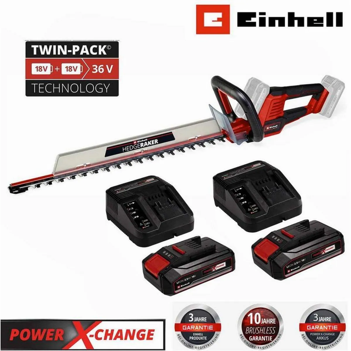 Einhell GE-CH 36/61 Li Akku-Heckenschere, 61 cm Schnittlänge, 2 Akkus 2.5 Ah 2