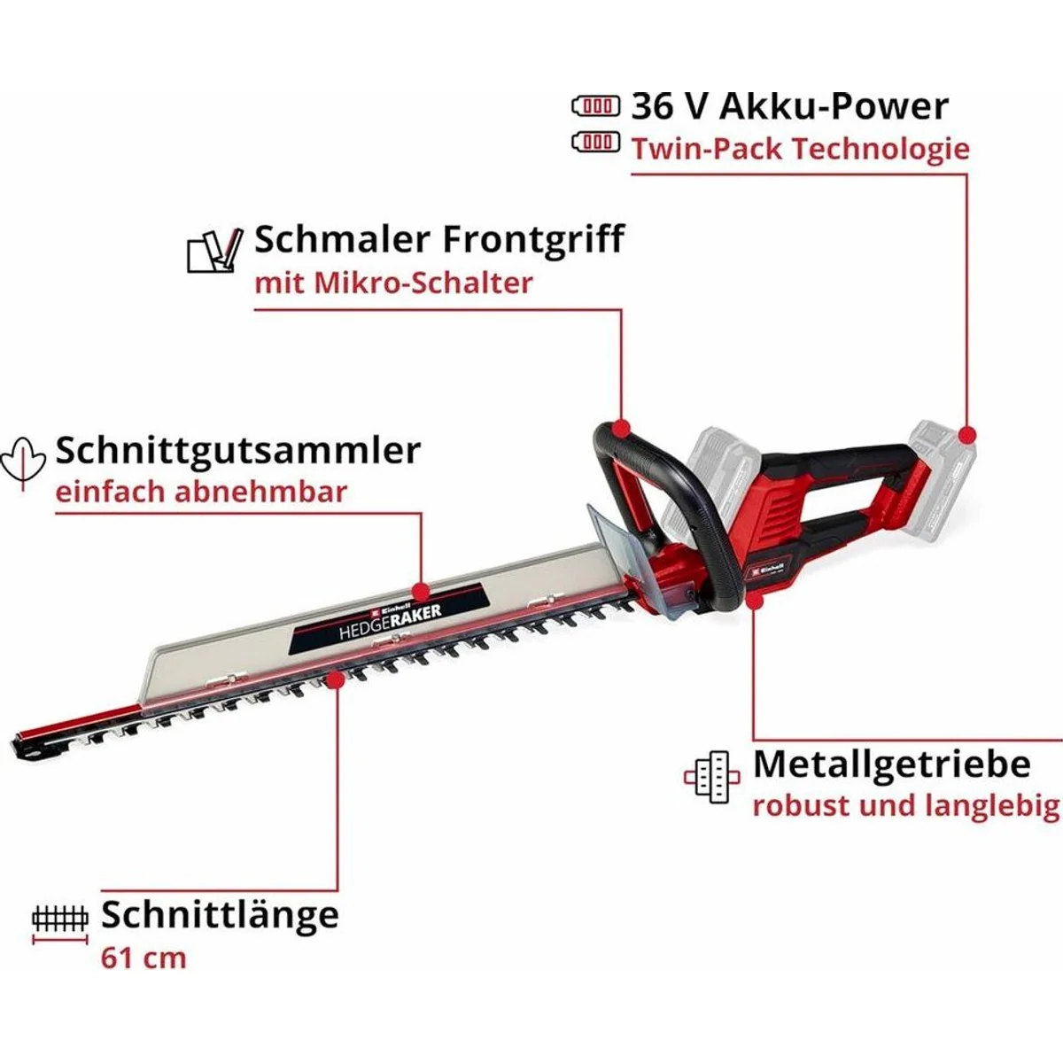 Einhell GE-CH 36/61 Li Akku-Heckenschere, 61 cm Schnittlänge, 2 Akkus 2.5 Ah 4