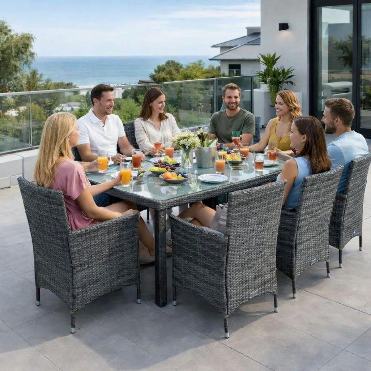 ESTEXO Sitzgruppe Polyrattan, für 8 Personen, anthrazit