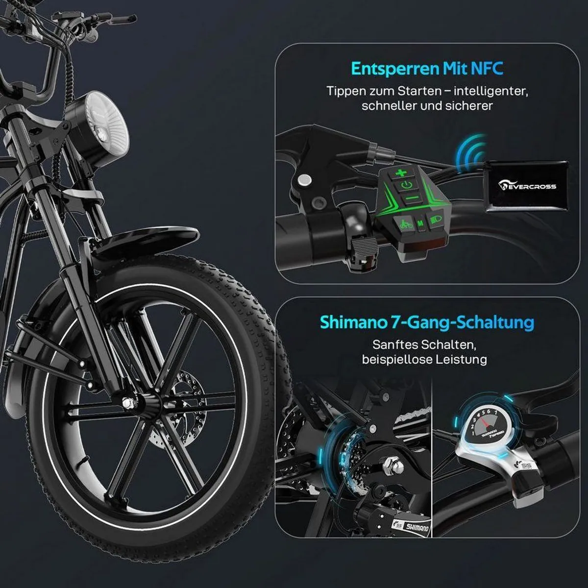 EVERCROSS TECH E-Bike 20” x 4,0, abnehmbare Batterie, Shimano 7-Gang, 100 km Reichweite 2