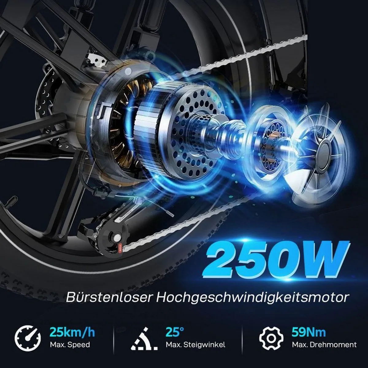 EVERCROSS TECH E-Bike 20” x 4,0, abnehmbare Batterie, Shimano 7-Gang, 100 km Reichweite 4