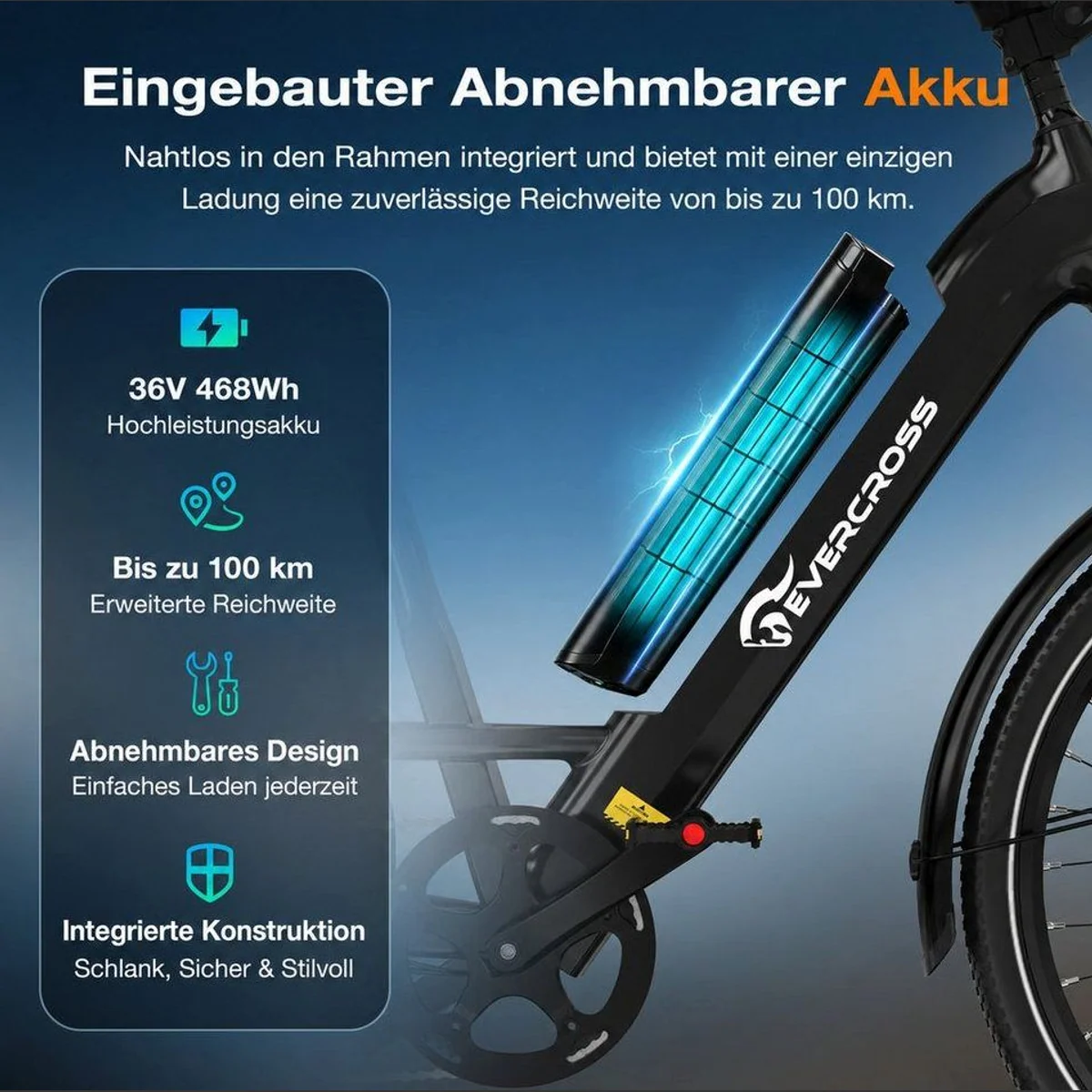 EVERCROSS TECH EK25 E-Bike, 100 km Reichweite, 250 W Motor, 7-Gang Shimano 3