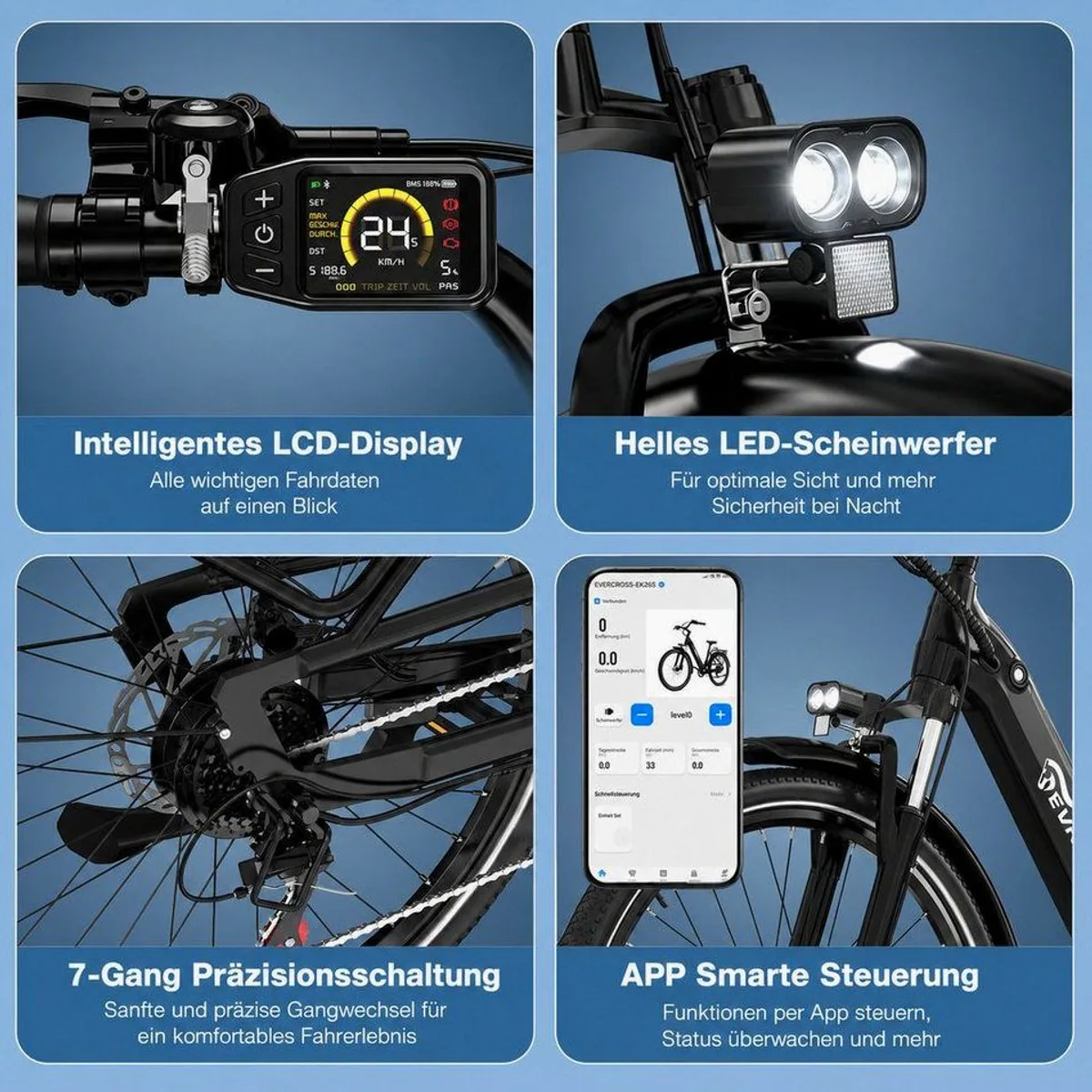 EVERCROSS TECH EK25 E-Bike, 100 km Reichweite, 250 W Motor, 7-Gang Shimano 4