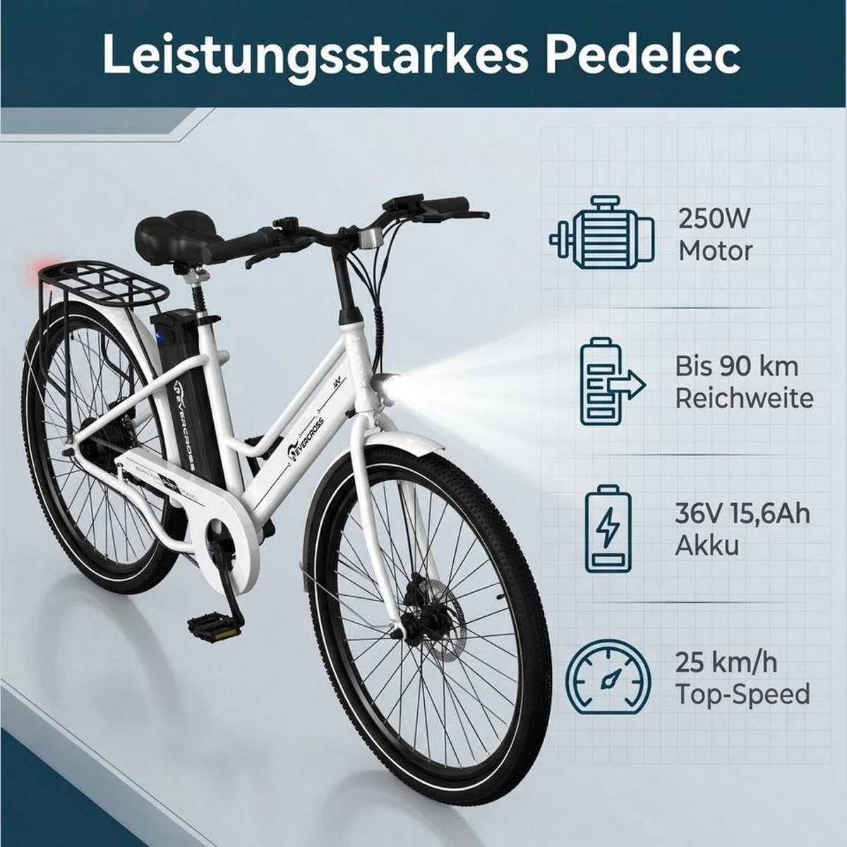 EVERCROSS TECH EK8 E-Bike Cityrad, 26 Zoll, 90 km Reichweite, 250W Motor 2