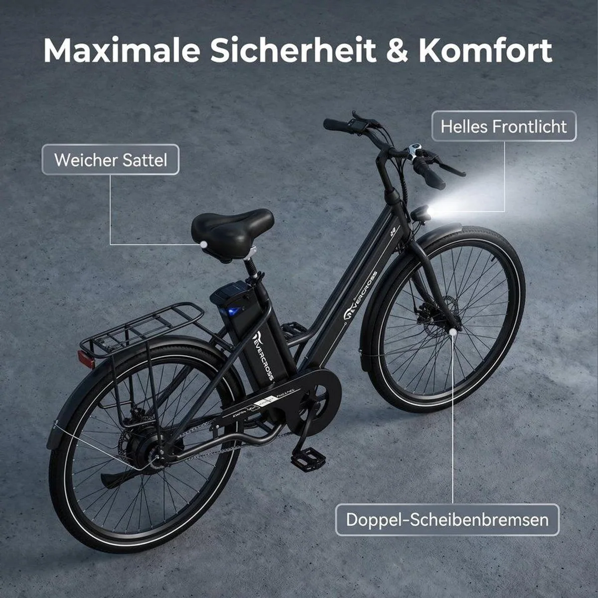 EVERCROSS TECH EK8 E-Bike Cityrad, 26 Zoll, 90 km Reichweite, 250W Motor 3