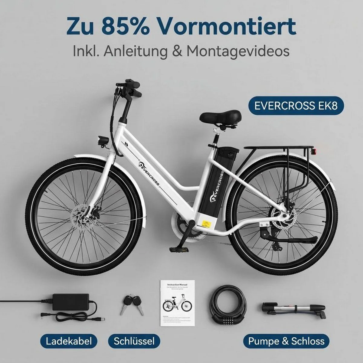 EVERCROSS TECH EK8 E-Bike Cityrad, 26 Zoll, 90 km Reichweite, 250W Motor 4