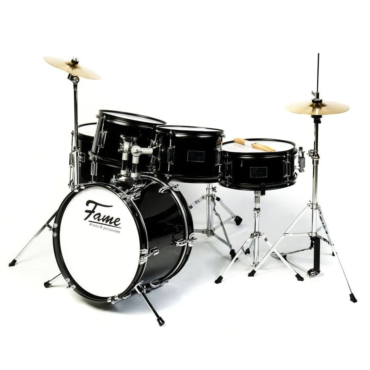 FAME Luis Junior Drumset, 5-teiliges Kinderschlagzeug, einstellbare Sitzhöhe, Schwarz