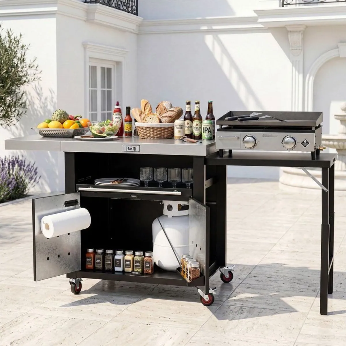 Feasto Grillwagen, multifunktional mit Schrank & klappbaren Tischen