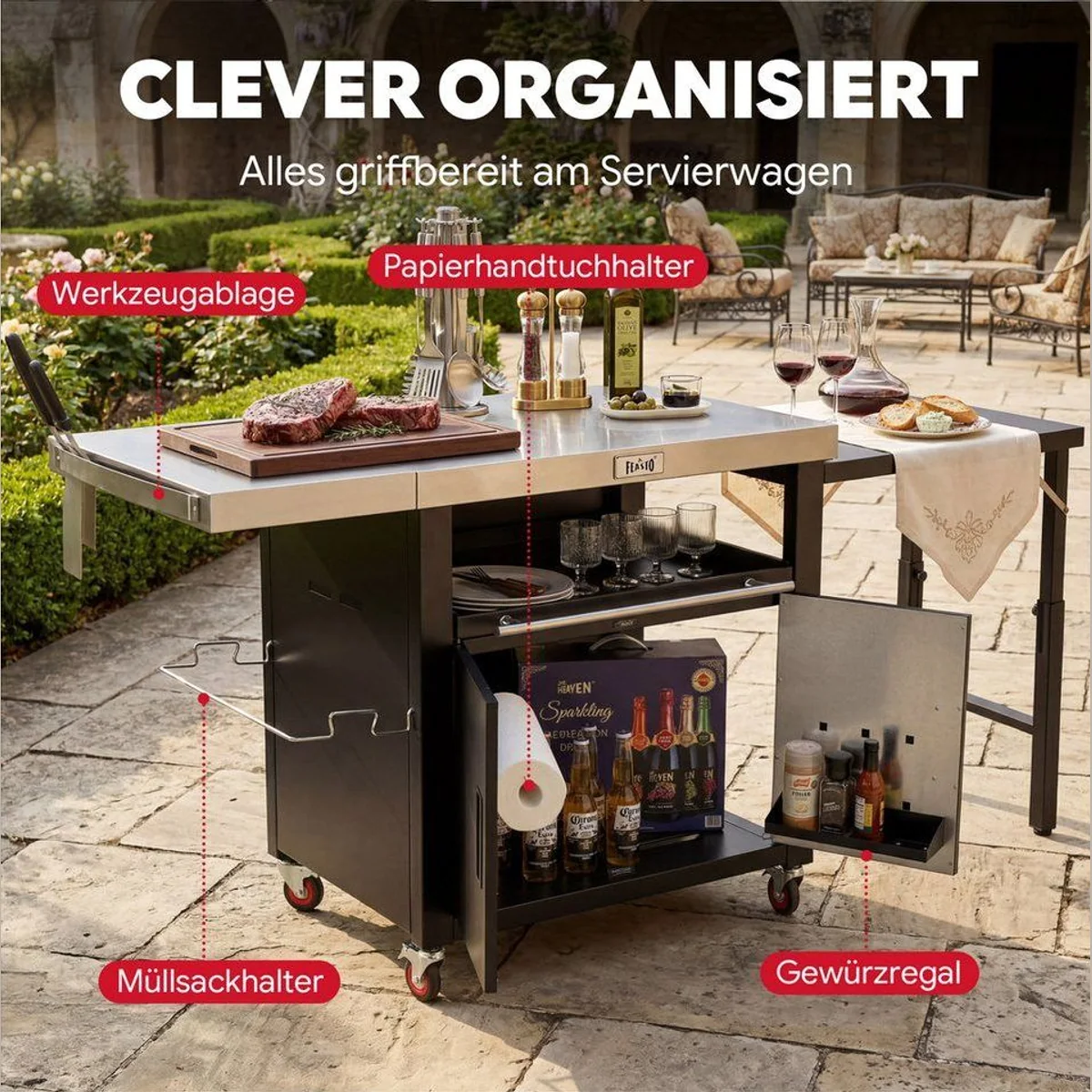 Feasto Grillwagen, multifunktional mit Schrank & klappbaren Tischen 4