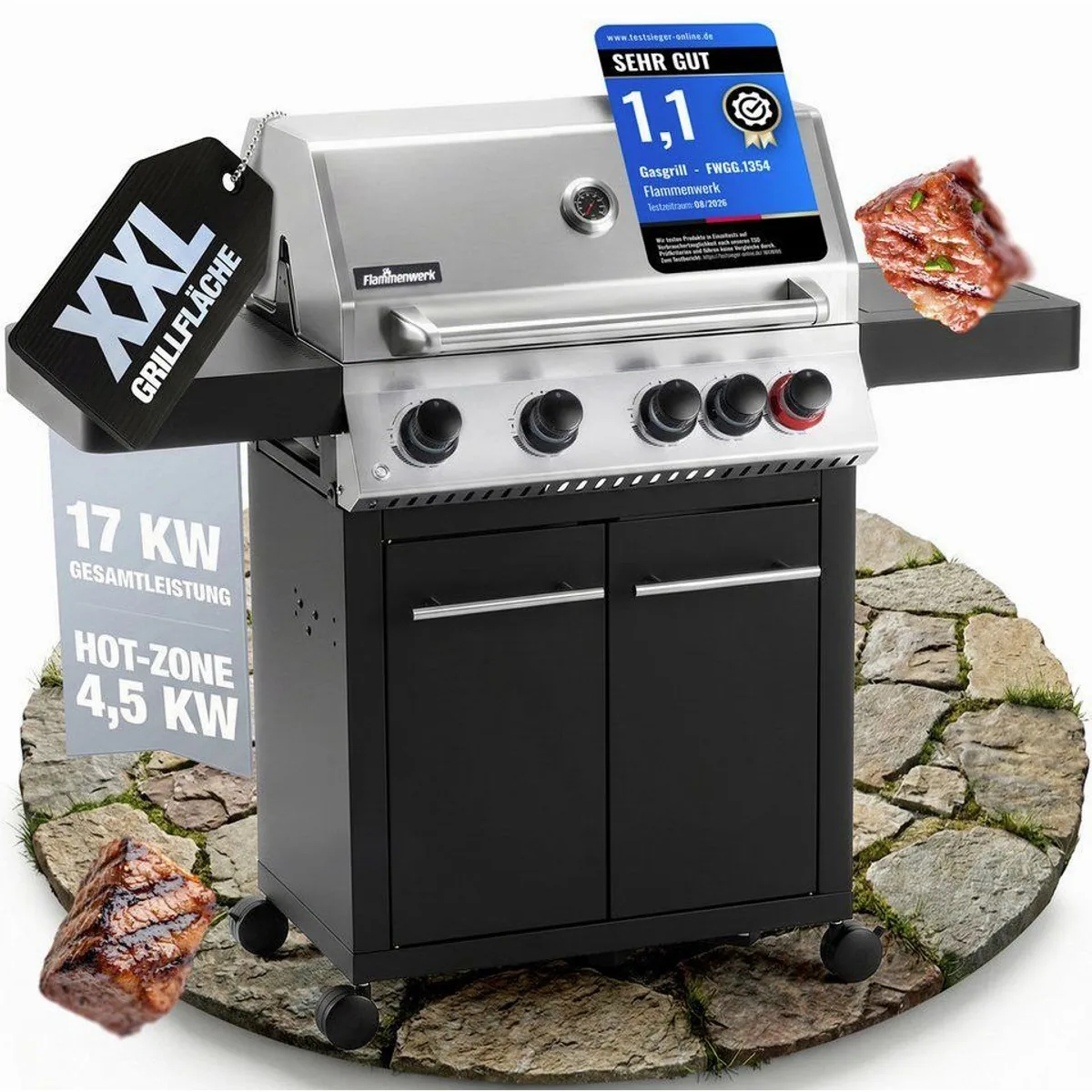 Flammenwerk FWGG.1354 Gasgrill, 17 kW Leistung, LED-Beleuchtung, Hot Zone, Seitenbrenner