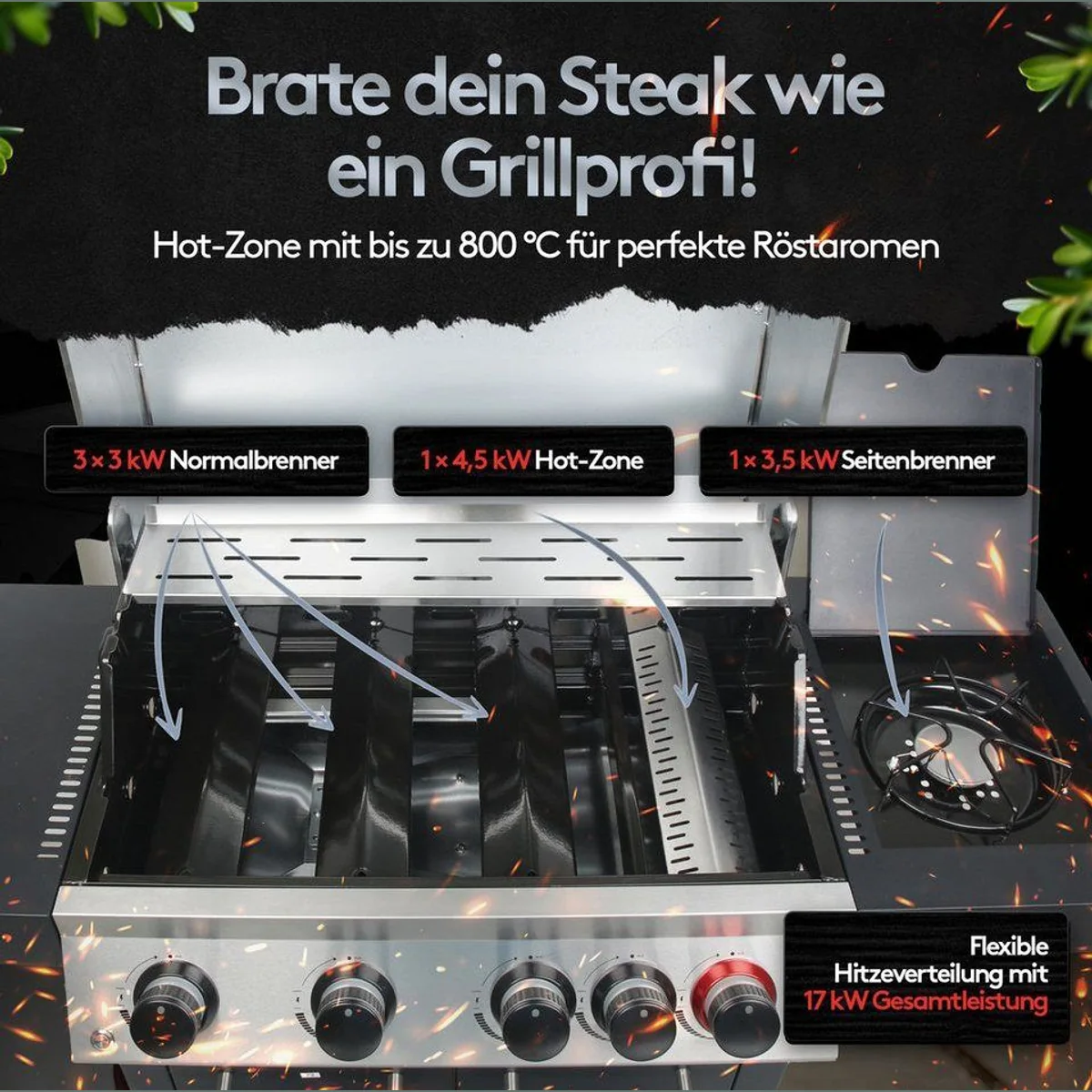 Flammenwerk FWGG.1354 Gasgrill, 17 kW Leistung, LED-Beleuchtung, Hot Zone, Seitenbrenner 2