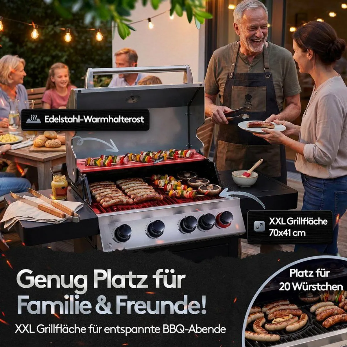 Flammenwerk FWGG.1354 Gasgrill, 17 kW Leistung, LED-Beleuchtung, Hot Zone, Seitenbrenner 3