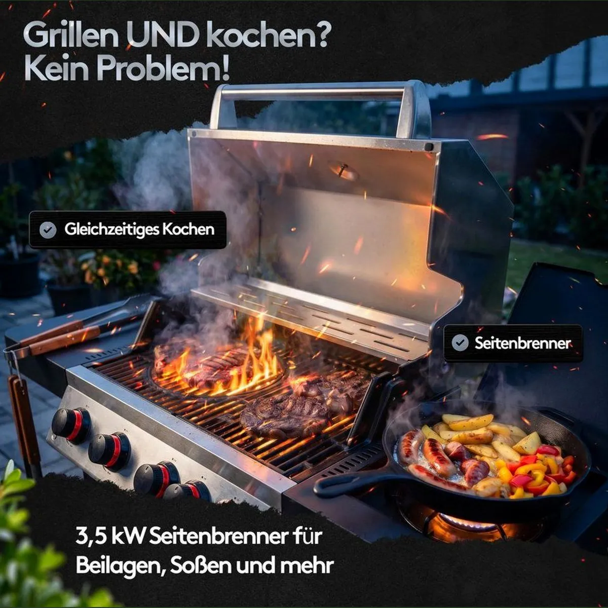 Flammenwerk FWGG.1354 Gasgrill, 17 kW Leistung, LED-Beleuchtung, Hot Zone, Seitenbrenner 4