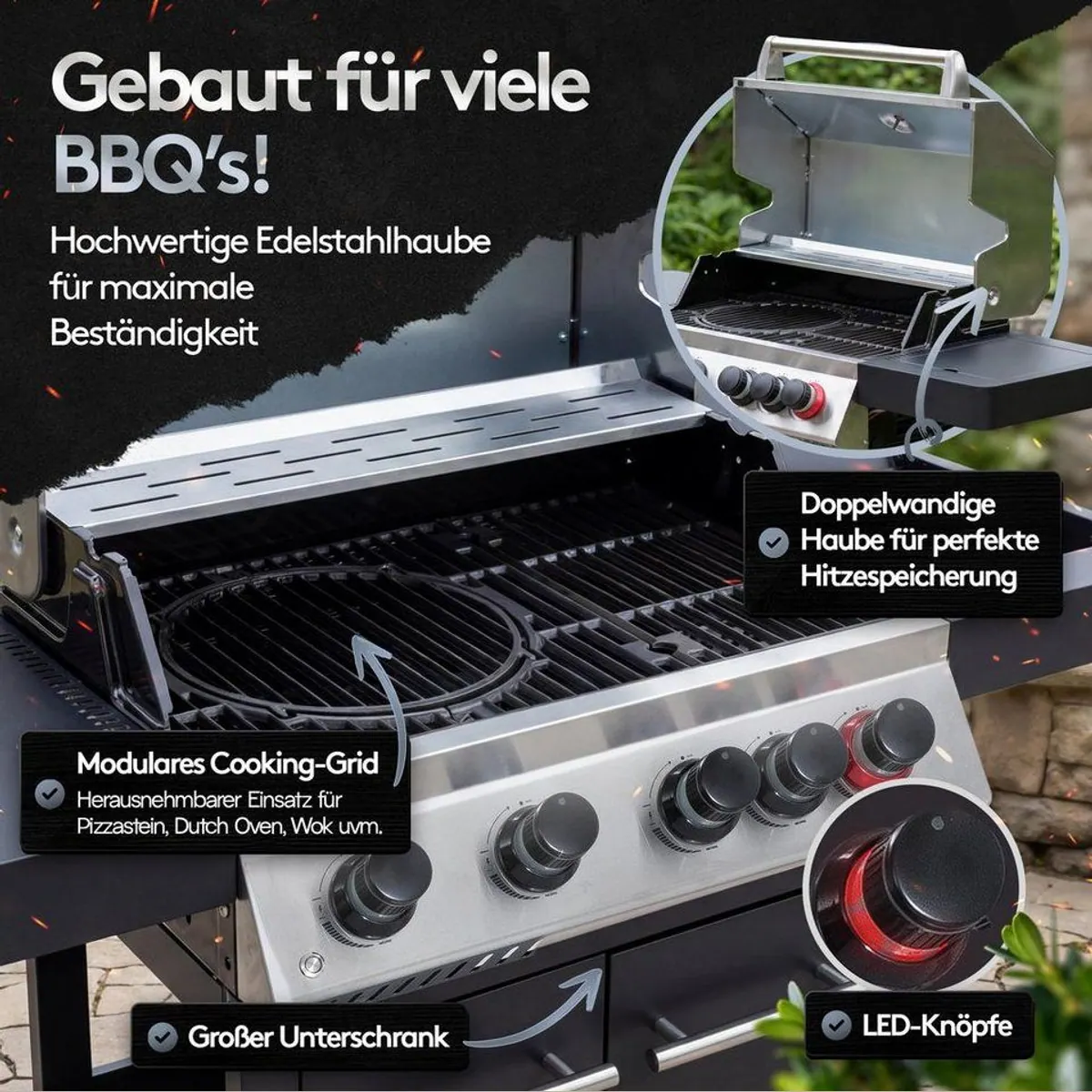 Flammenwerk FWGG.1354 Gasgrill, 17 kW Leistung, LED-Beleuchtung, Hot Zone, Seitenbrenner 5