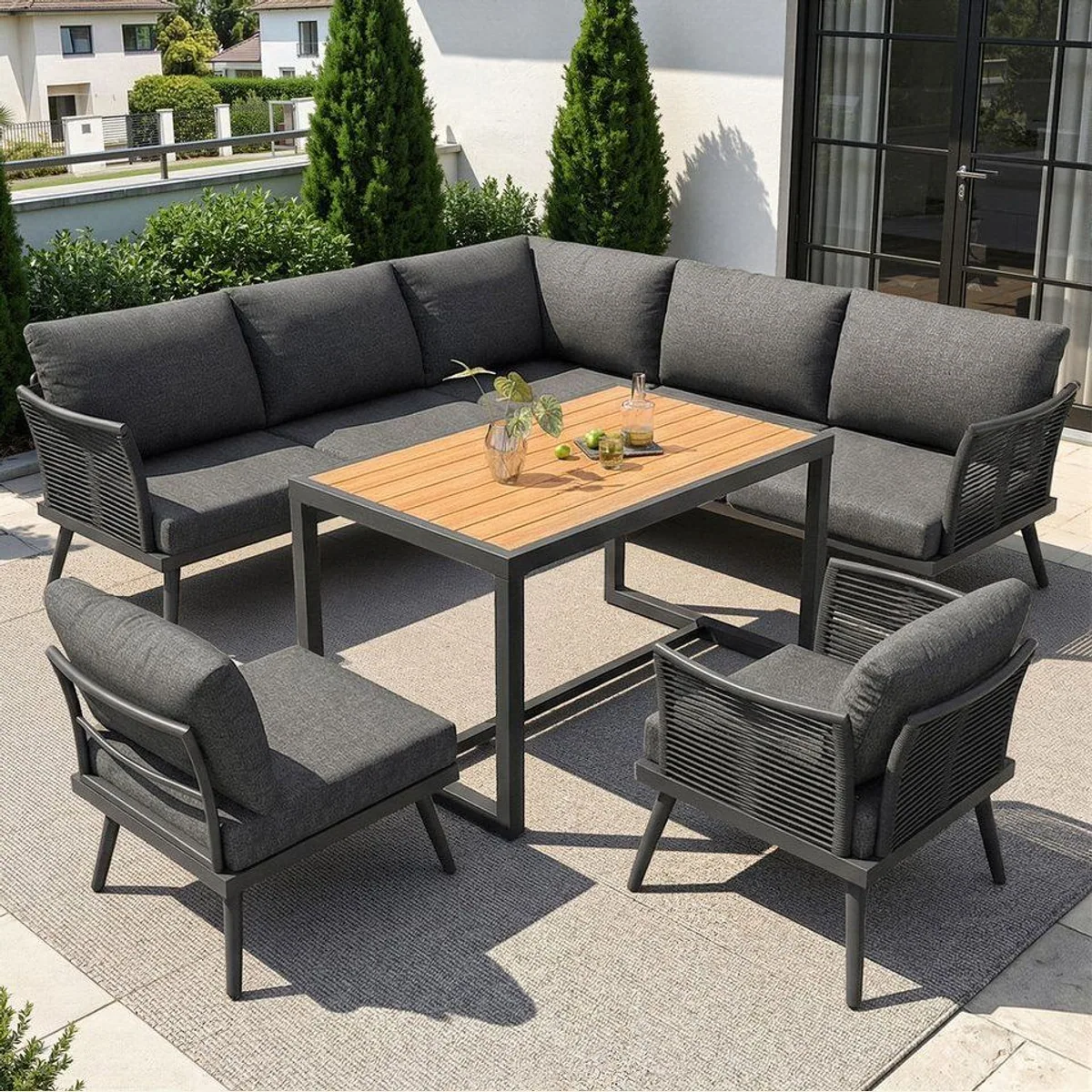 Flieks Gartenlounge-Set, 7-Sitzer L-Form, großzügiger Esstisch
