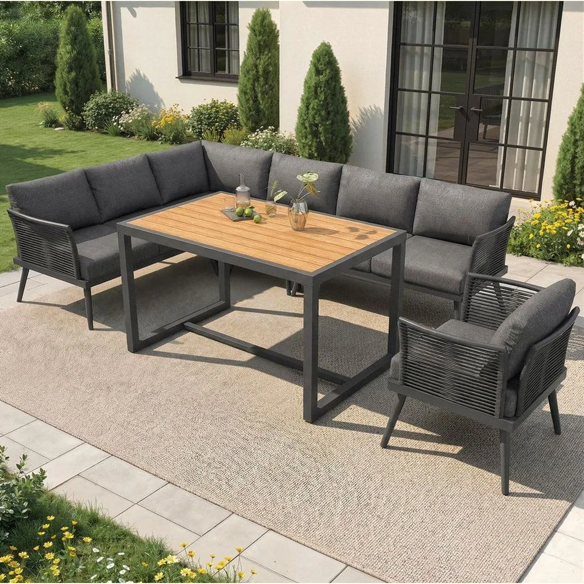 Flieks Gartenlounge-Set, 7-Sitzer L-Form, großzügiger Esstisch 2