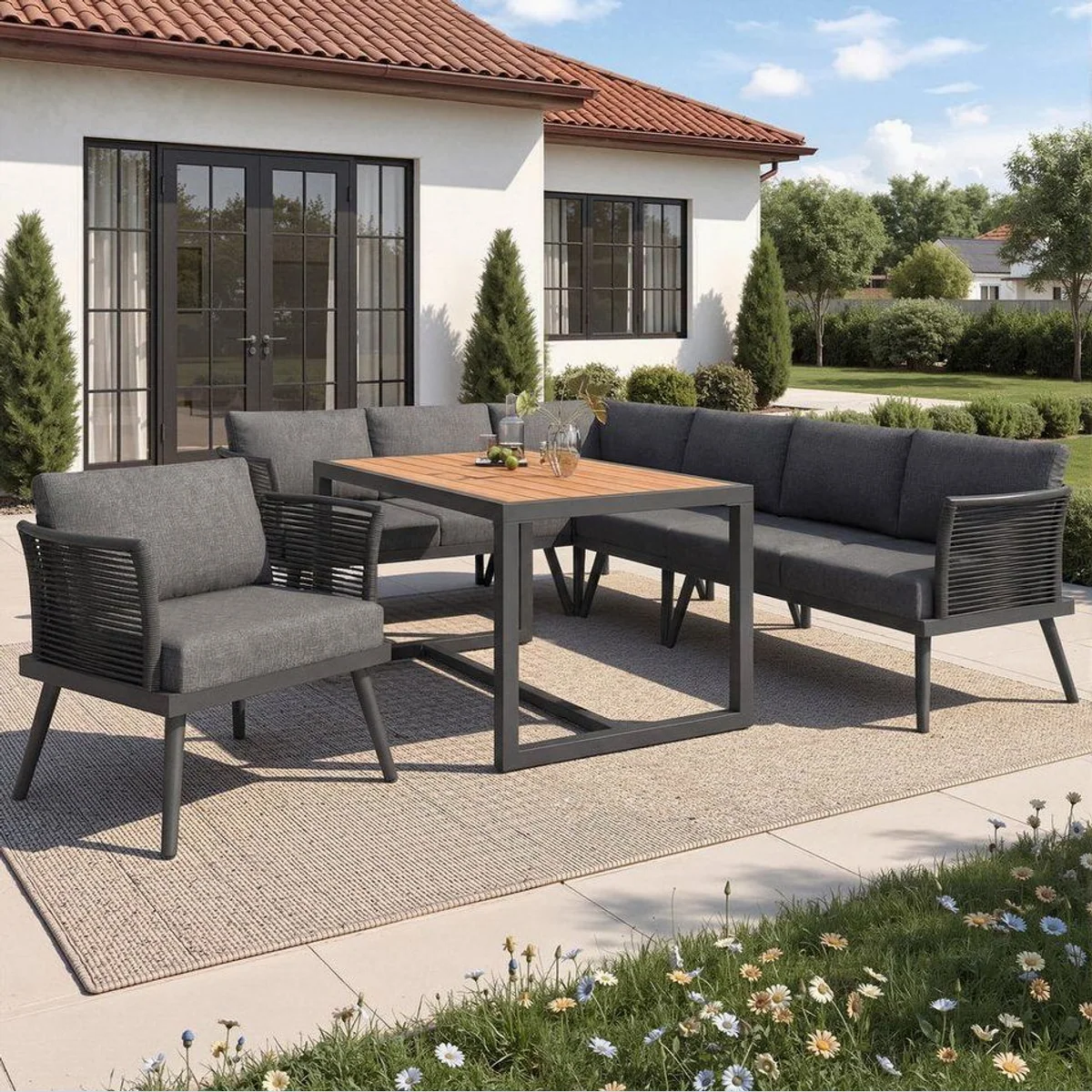 Flieks Gartenlounge-Set, 7-Sitzer L-Form, großzügiger Esstisch 4