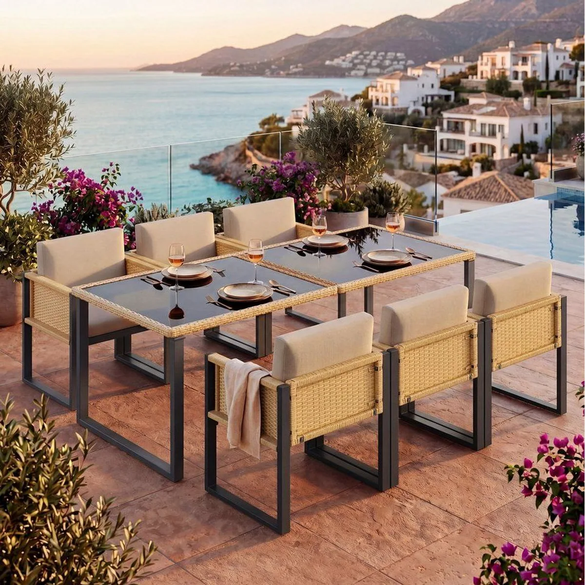 Flieks Garten-Essgruppe, 6 Stühle & 1 Tisch, robust und stilvoll